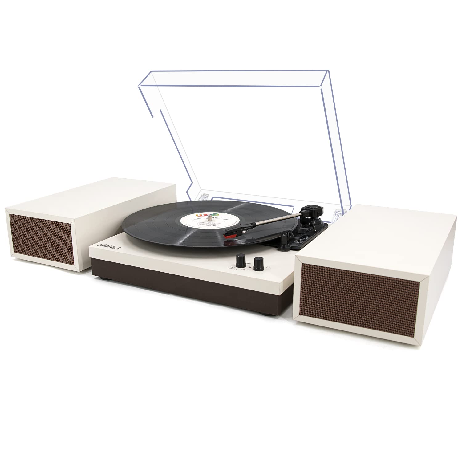 LP&No.1 Wireless Turntable with Stereo Bookshelf Speakers - Retro Bluetooth Record Player, 3-Speed Belt-Drive Vintage Vinyl Player with Auto-Off & Wireless Playback in Milk White Wood Finish | Perfect for Home Decor, Vinyl Collection & Gift Giving