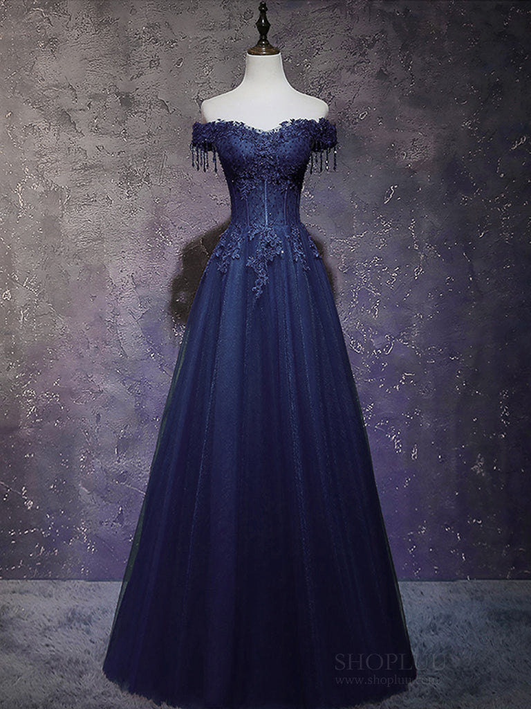 Elegant Off Shoulder A-Line Tulle Lace Dark Blue Long Prom Dress - Formal Evening Gown for Homecoming, Ball, Wedding & Special Occasions