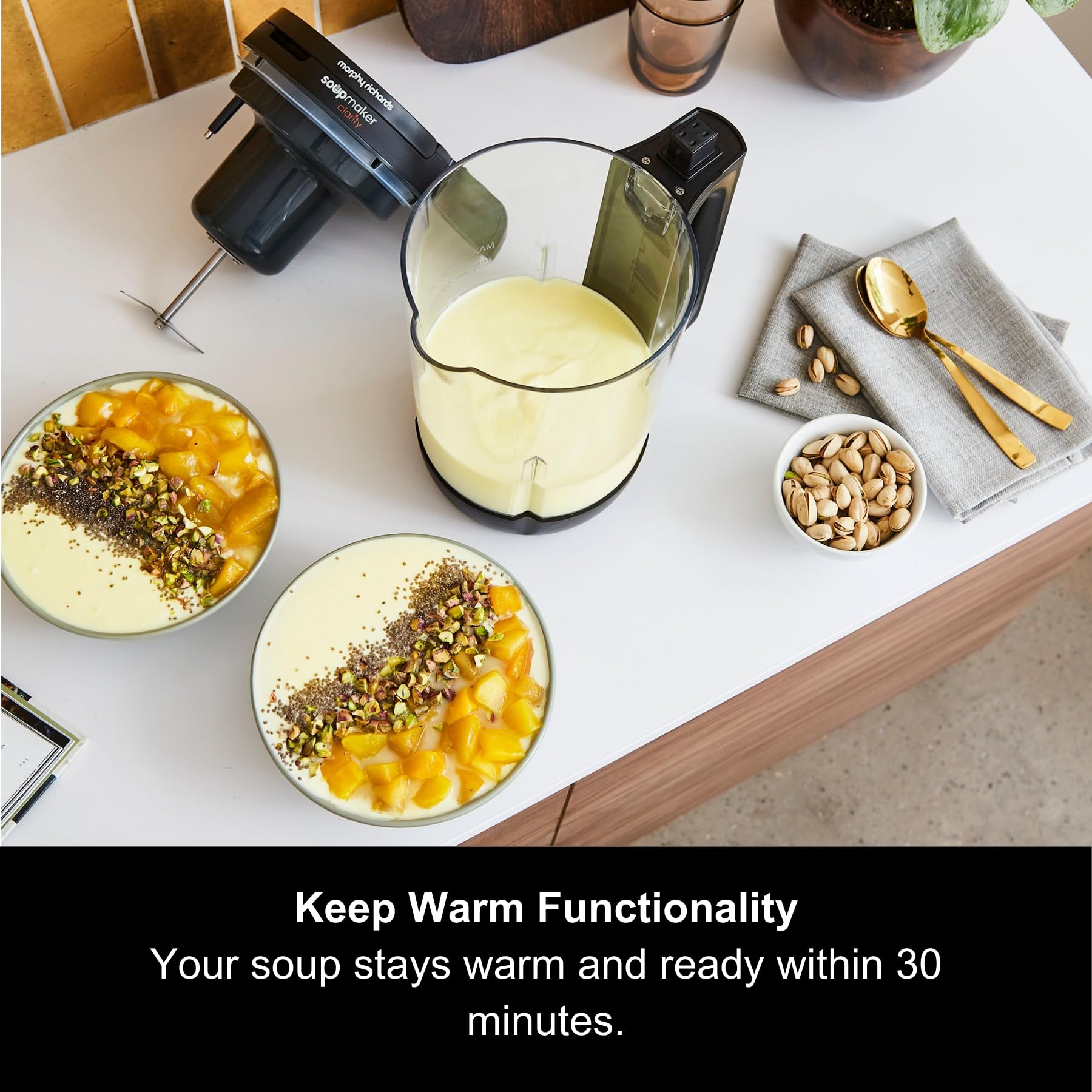 Morphy Richards 1.6L Clarity Soup Maker with Portion Control - 9 Smart Settings & Keep Warm Function for Soups & Smoothies (White & Black, Model 501050) - Perfect for Healthy Meal Prep & Quick Blending at Home