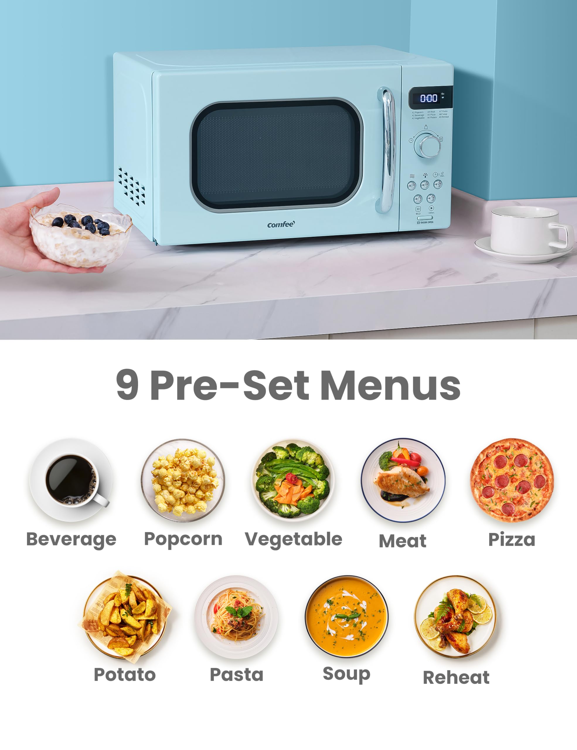 COMFEE' Retro Small Microwave Oven 0.7 Cu Ft - Compact 700W Countertop Microwave with 9 Preset Menus, Position-Memory Turntable & Mute Function - Perfect for Dorms, Apartments & Small Kitchens - AM720C2RA-G in Green