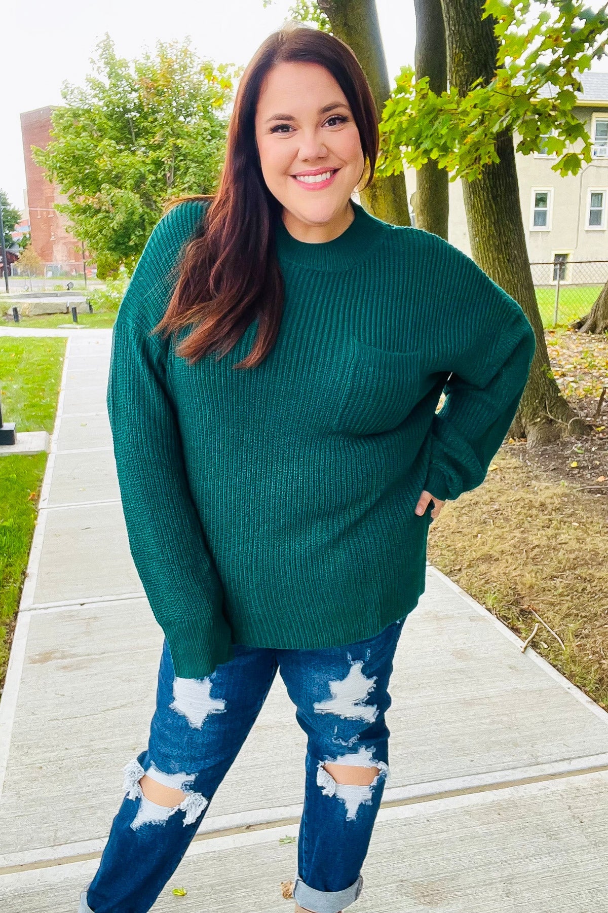Stylish Hunter Green Mock Neck Knit Sweater with Chest Pocket - Cozy Winter Wear for Women | Perfect for Casual Outings & Office Attire