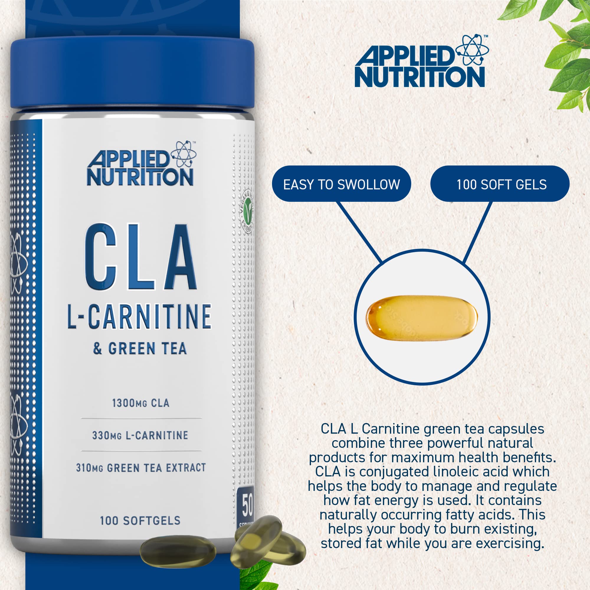 Applied Nutrition CLA L-Carnitine & Green Tea Extract 100 Softgels – Weight Management & Energy Support Supplement for Fitness & Active Lifestyle