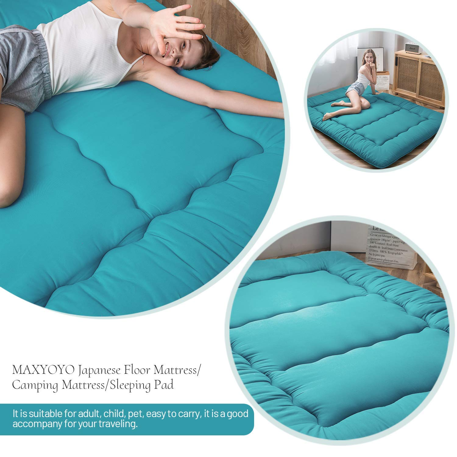 MAXYOYO Multi-Functional Floor Futon Mattress - Queen Size Turquoise | Foldable Guest Bed, Sofa Sleeper & Floor Cushion for Small Spaces, Dorms & Camping