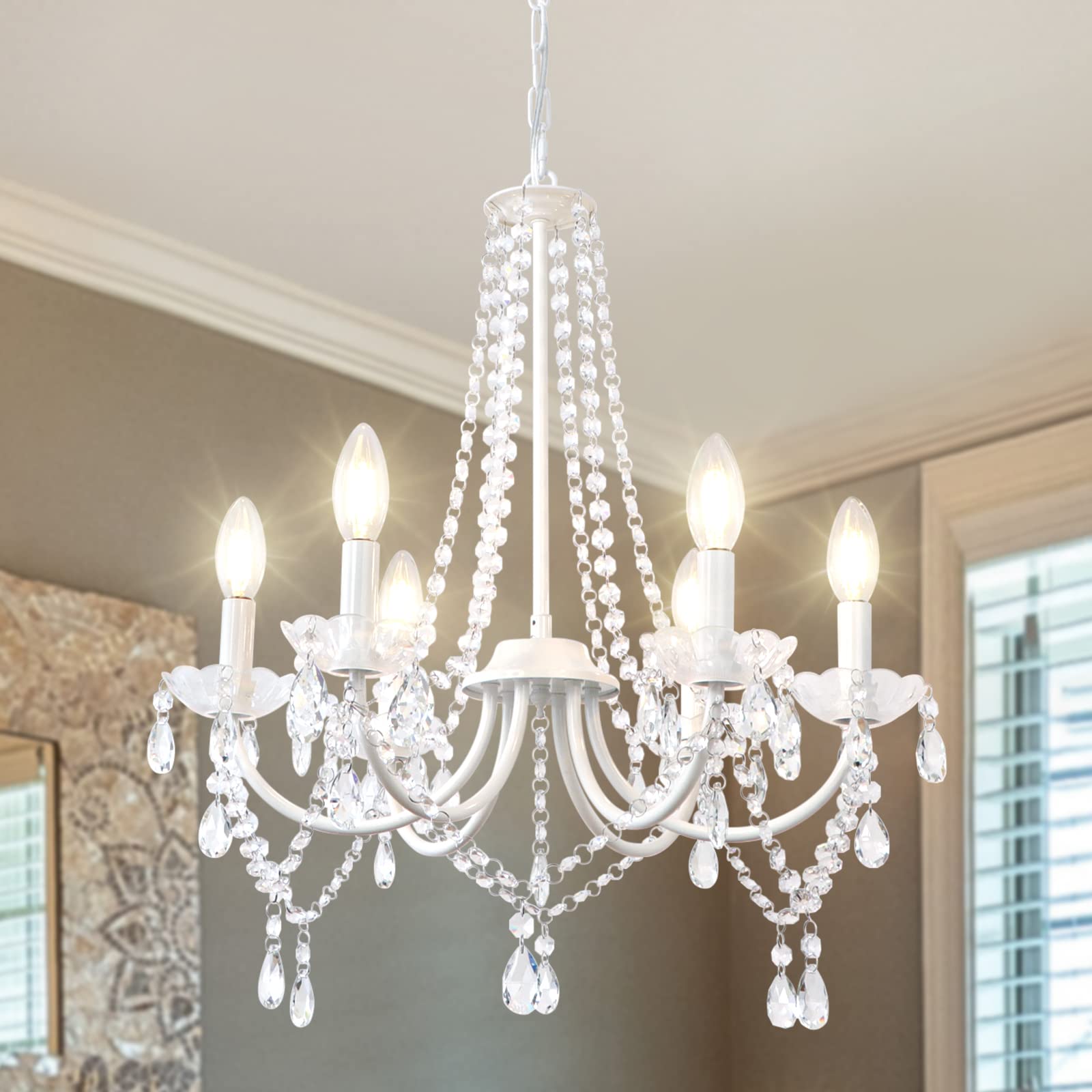 LynPon 6-Light White Crystal Chandelier - Modern Elegant Candle Ceiling Light Fixture for Bedroom, Dining Room, Living Room, Entryway & Foyer | Perfect for Home Decor, Wedding Decorations & Luxury Interior Lighting