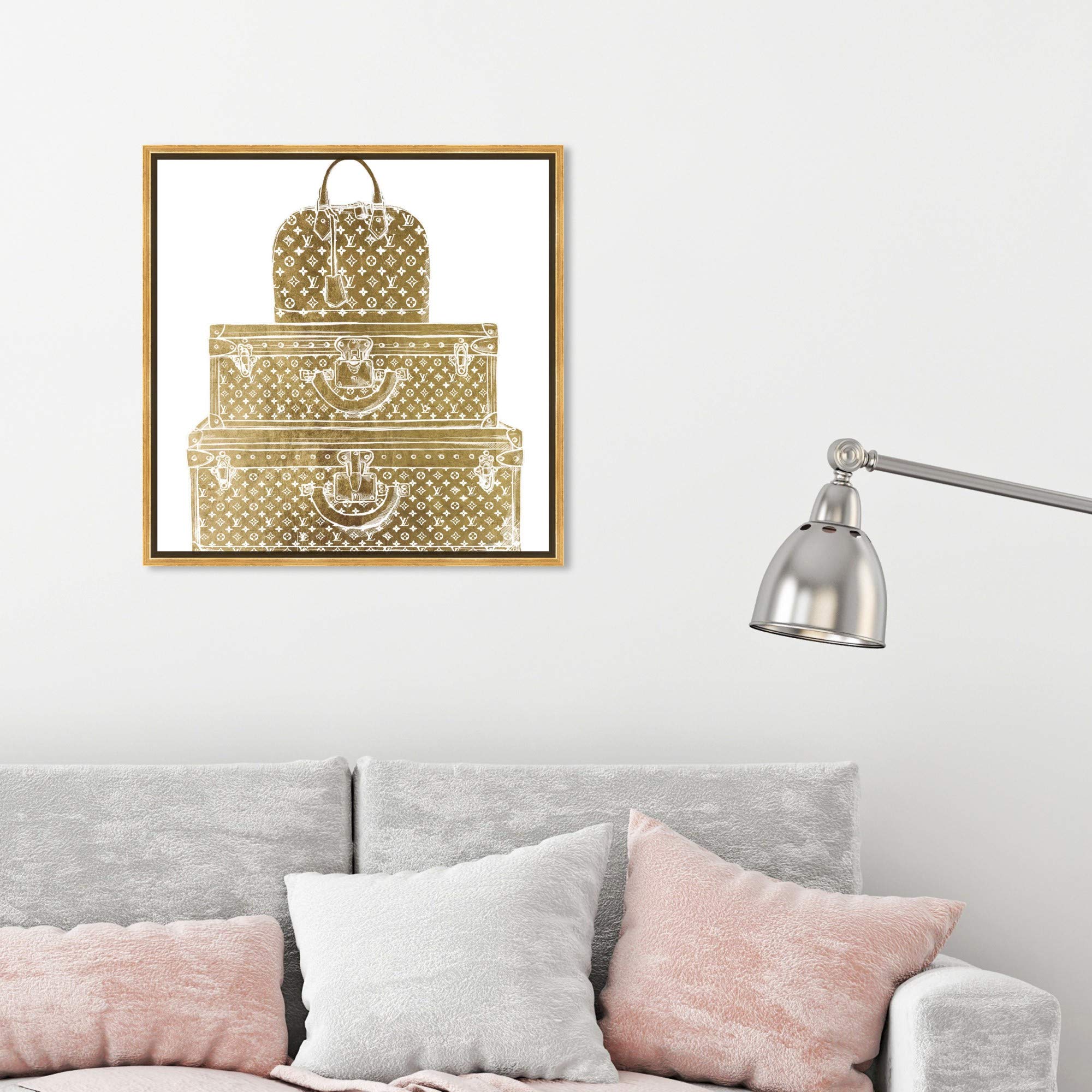 Oliver Gal Artist Co. Royal Bag & Luggage Diecut Framed Wall Art - 24x24 Inch Gold & White Canvas Print - Fashion Glam Home Decor for Living Room, Bedroom & Office