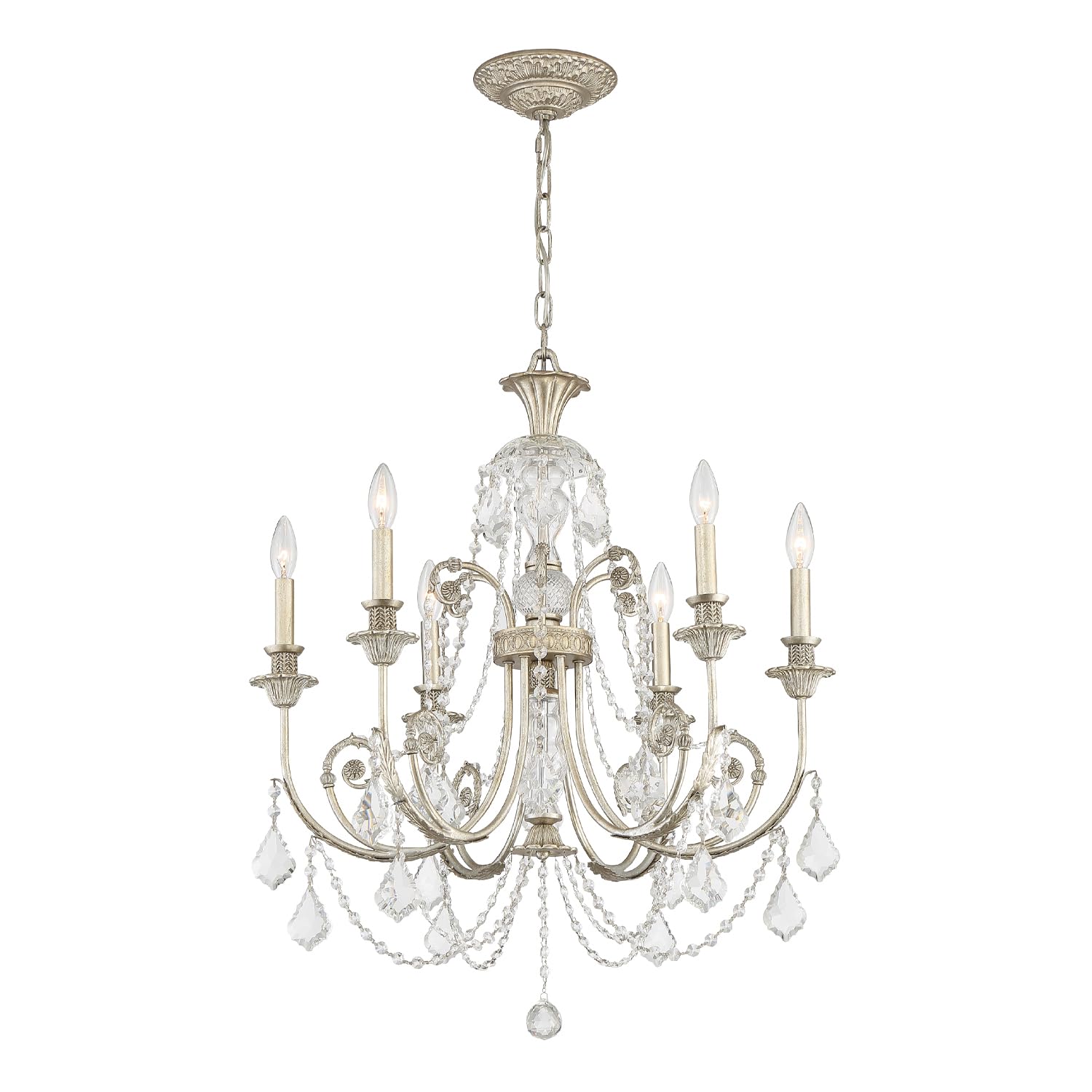Regis 6-Light Clear Italian Crystal Chandelier in Antique Silver Finish - Elegant Dining Room Lighting for Home Decor & Luxury Interior Design