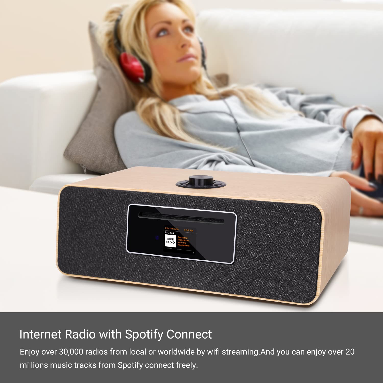 MangoKit MS5 Stereo Internet Radio with CD Player - Digital DAB/DAB+/FM Radio, Bluetooth Speaker, Spotify Connect, Dual Alarm Clock, USB, Color Display & Remote Control (Light White Oak) - Perfect for Bedroom, Living Room & Office Use