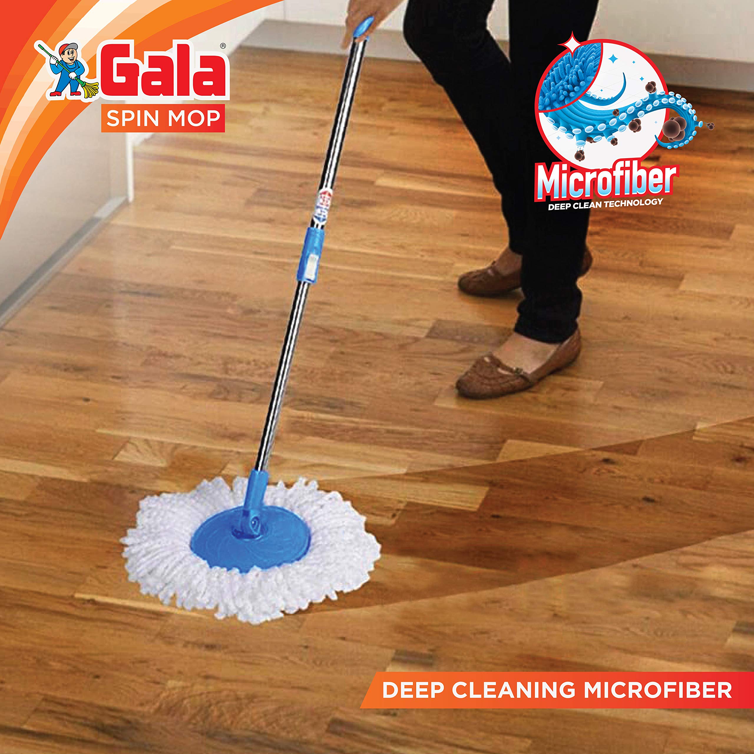 Gala Spin Mop with Extendable Handle & Microfiber Refill (150750) - White & Blue - Easy Floor Cleaning for Hardwood, Tile & Laminate Floors