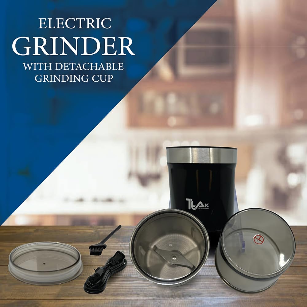 Electric Coffee Grinder & Spice Grinder - 200W Powerful Copper Motor, Removable Stainless Steel Blades for Fresh Coffee Beans & Herbs - Perfect for Home Brewing, Espresso & Cooking (Black)