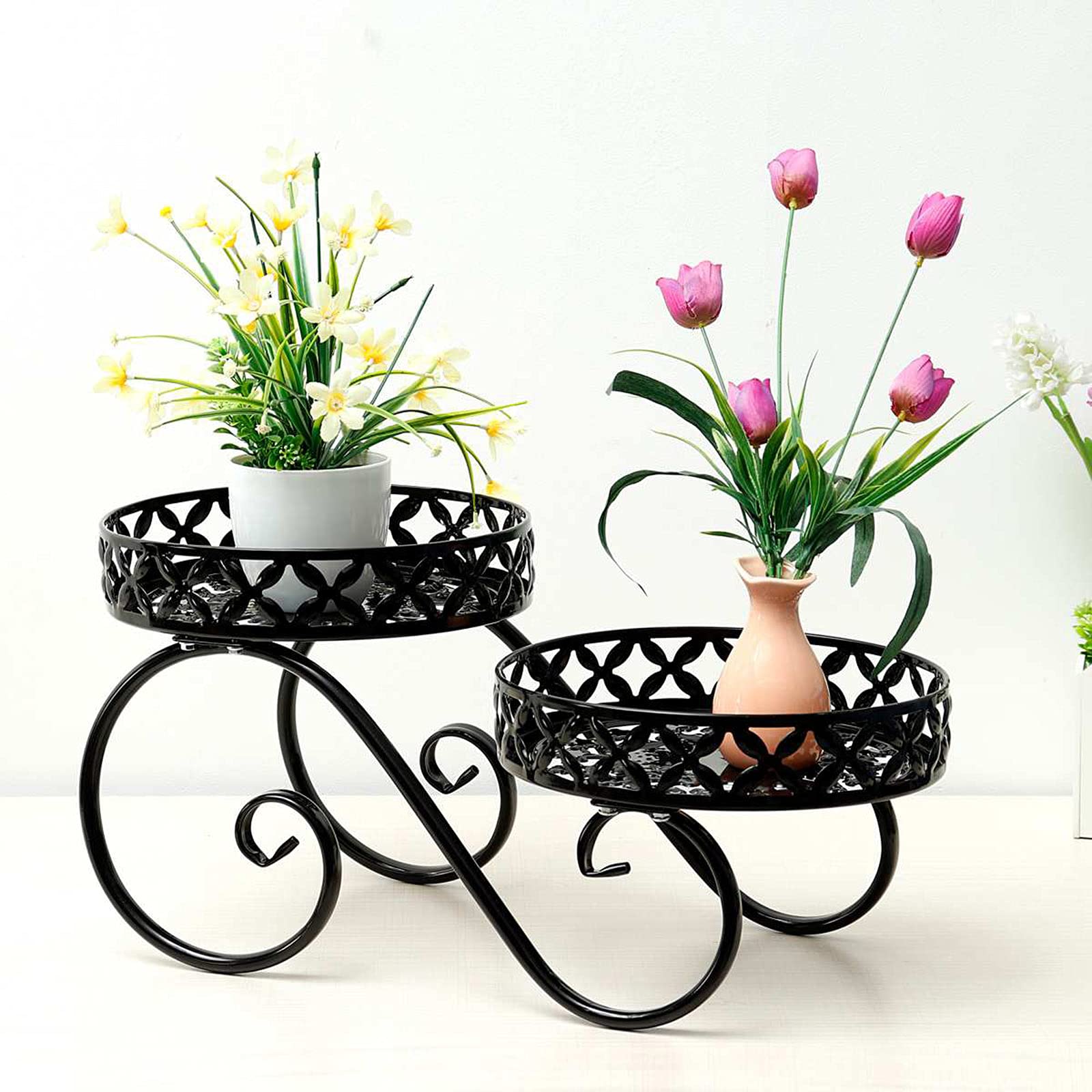 2 Tier Metal Plant Stand - Decorative Flower Pot Holder & Garden Planter Display Rack for Indoor Outdoor Use | Patio, Balcony, Living Room Decor