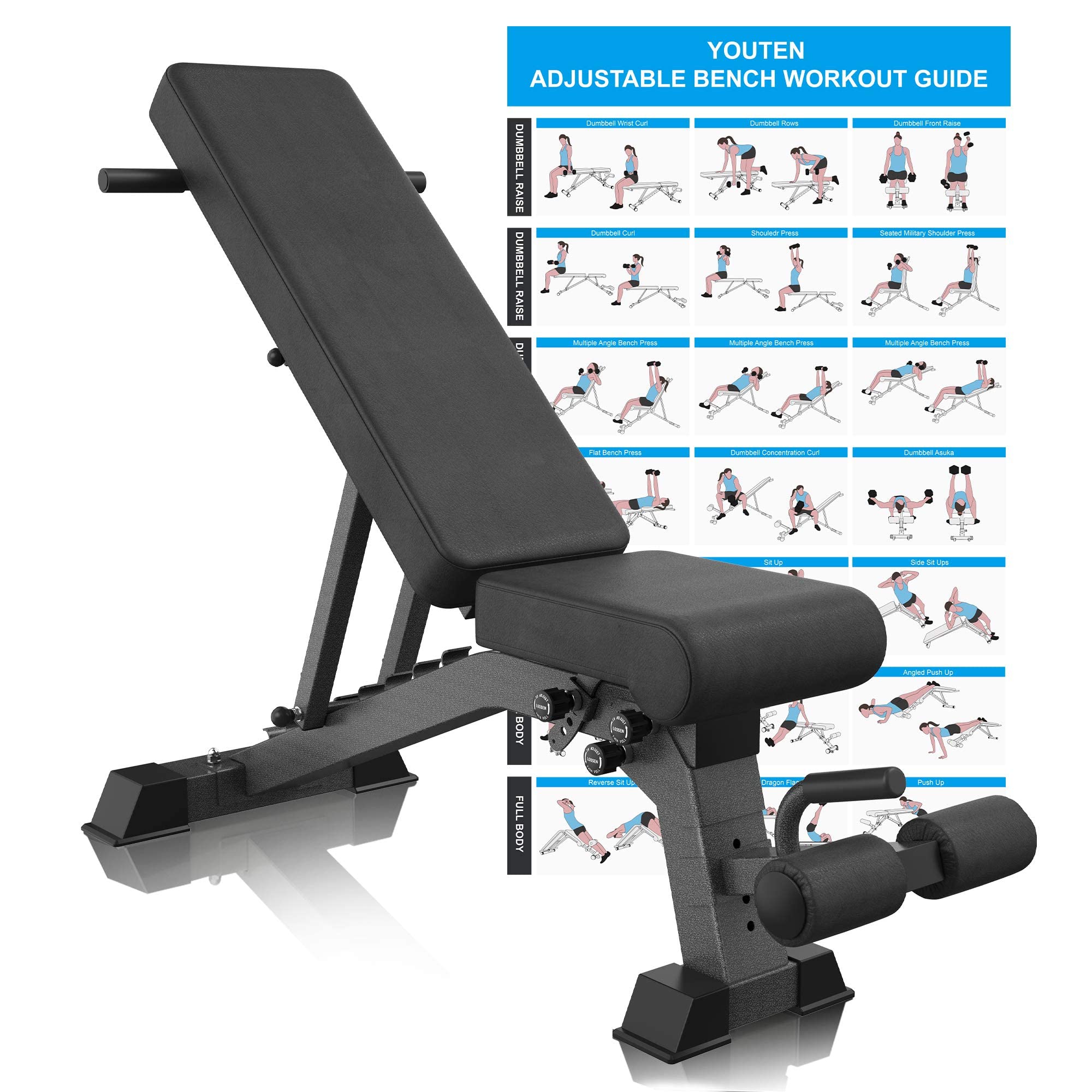 YouTen 1000 LB Heavy Duty Weight Bench - Adjustable Incline/Decline (9 Positions) for Home Gym | Foldable & Durable Exercise Bench Press with Dragon Flag Ab Handle | Perfect for Strength Training, Bodybuilding & Core Workouts at Home