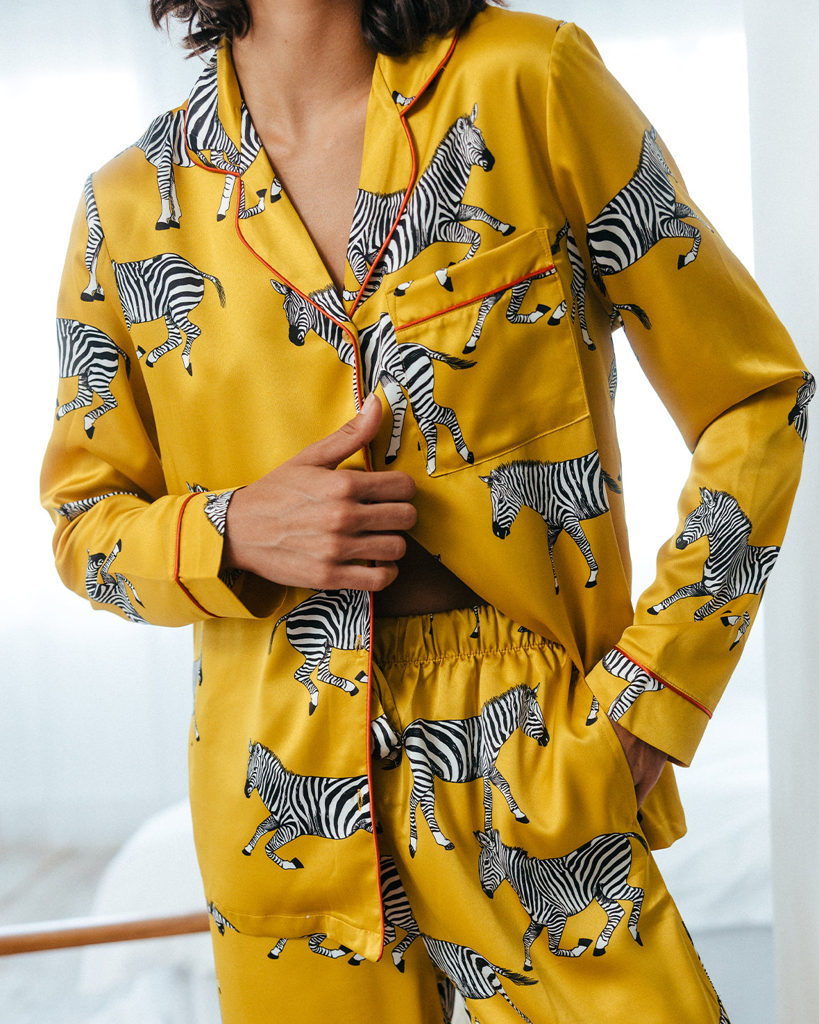 Satin Zebra Print Long Pajama Set for Women - Mustard Yellow Sleepwear, Comfortable Loungewear for Relaxing at Home