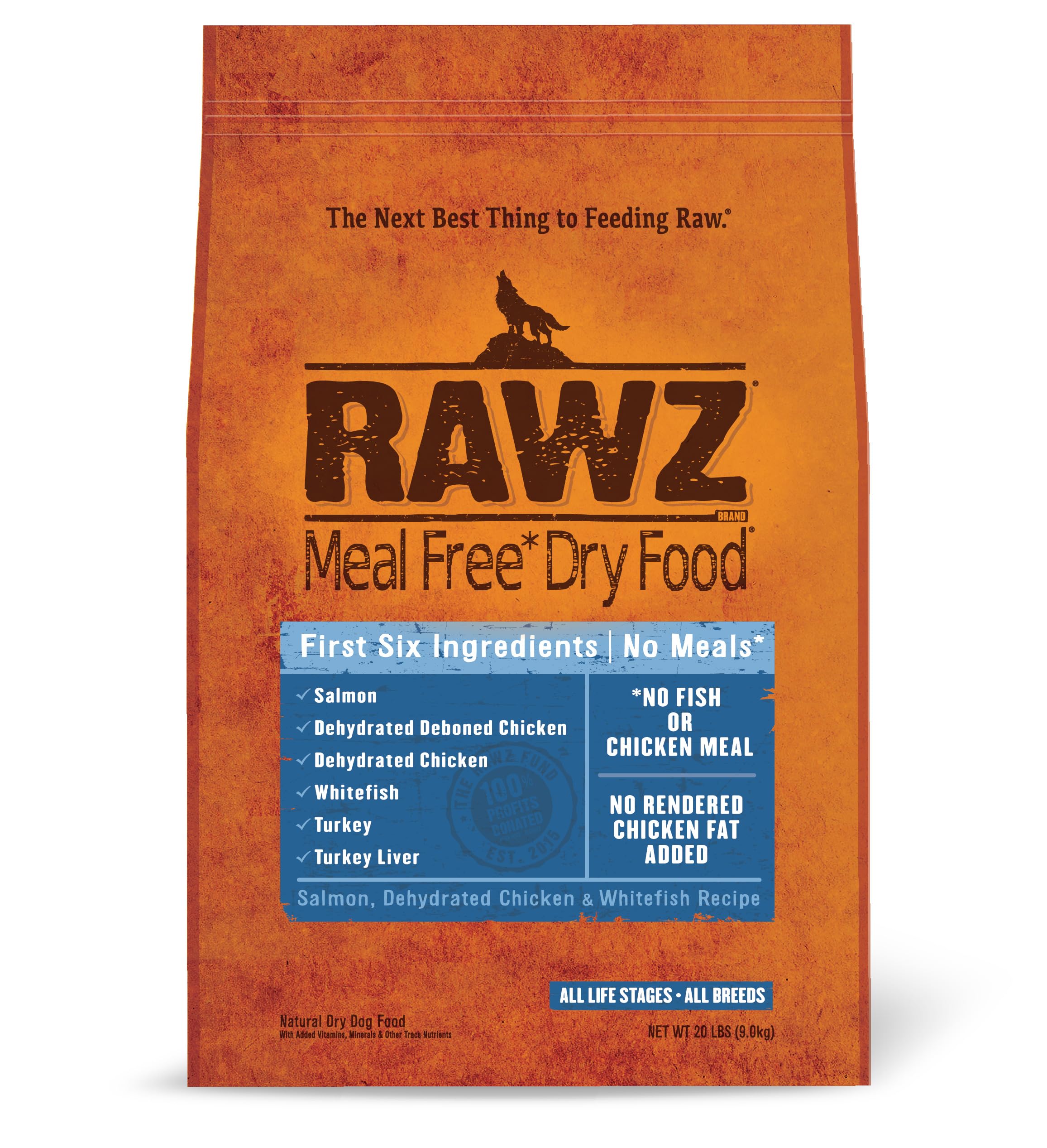 Rawz Meal Free Dry Dog Food - 20lb Bag, Chicken Salmon Whitefish Recipe - High Protein Grain Free Kibble for Adult Dogs - Perfect for Active Pets & Sensitive Stomachs