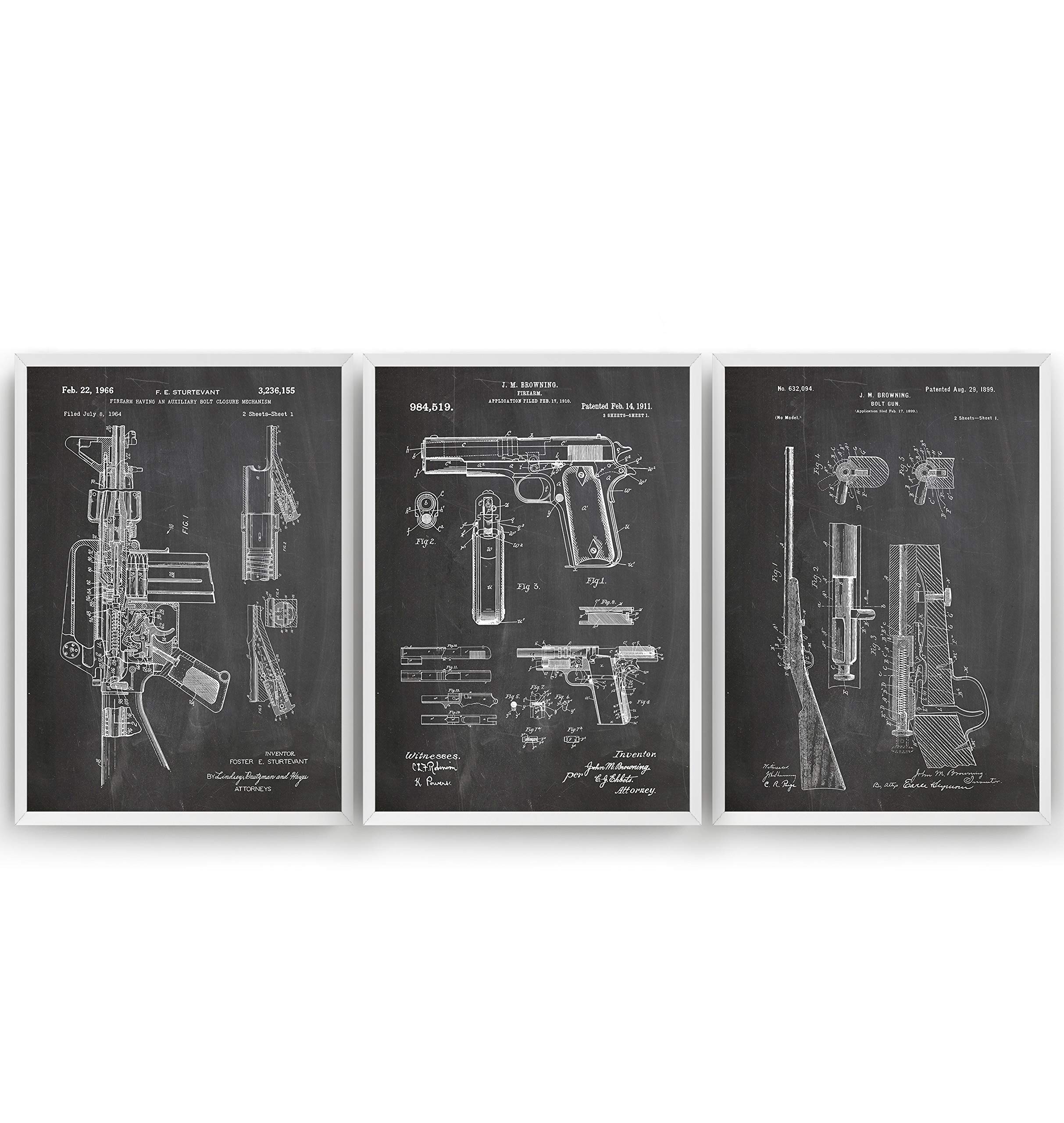 Vintage Firearms Patent Art Prints - Set of 3 (M16, 1911, Bolt Gun) - Blueprint Rifle Wall Decor for Collectors - Perfect for Man Cave, Office, or Home Decor - Frame Not Included