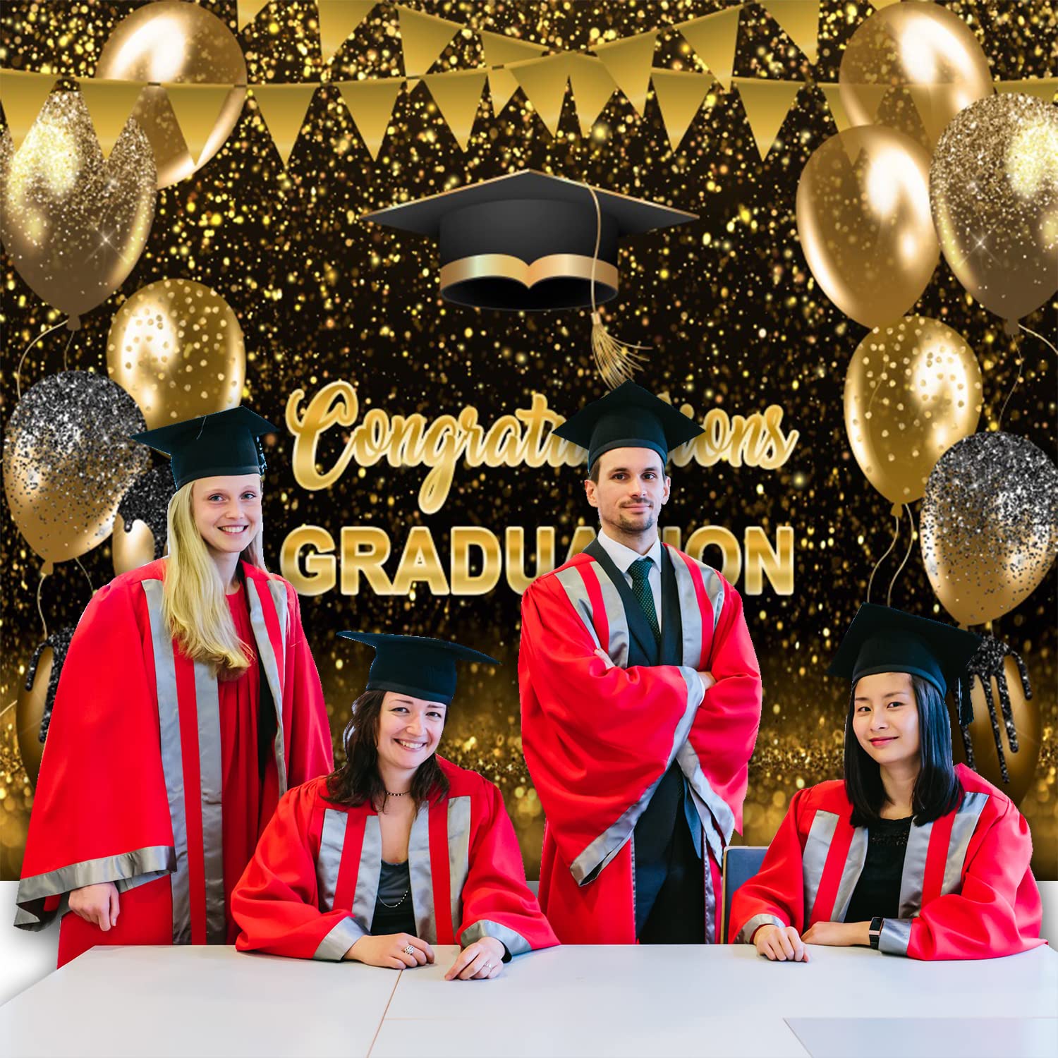 2024 Graduation Backdrop - Black Gold Glitter Balloon Background for Grad Party, Prom & Ceremony | Class of 2024 Congrats Grad Vinyl Photography Backdrop 10x8ft | Perfect for Graduation Photos, Portrait Sessions & Celebration Decor