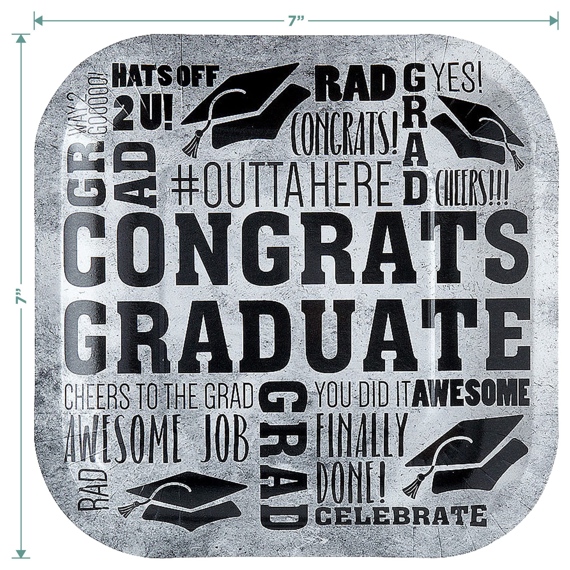 Rad Grad Black & White Graduation Party Supplies Set - 32 Square Paper Dessert Plates, Cap-Shaped Appetizer Plates & 36 Beverage Napkins | Perfect for Graduation Celebrations, School Parties & College Send-offs