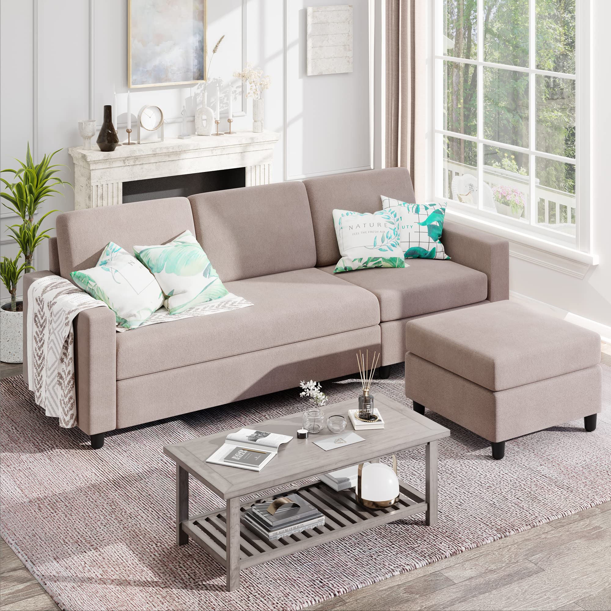 Convertible L-Shaped Sectional Sofa with Storage Ottoman - 3-Seat Modern Linen Reversible Chaise Lounge for Small Spaces (Beige) | Perfect for Apartments, Living Rooms & Home Theater Seating