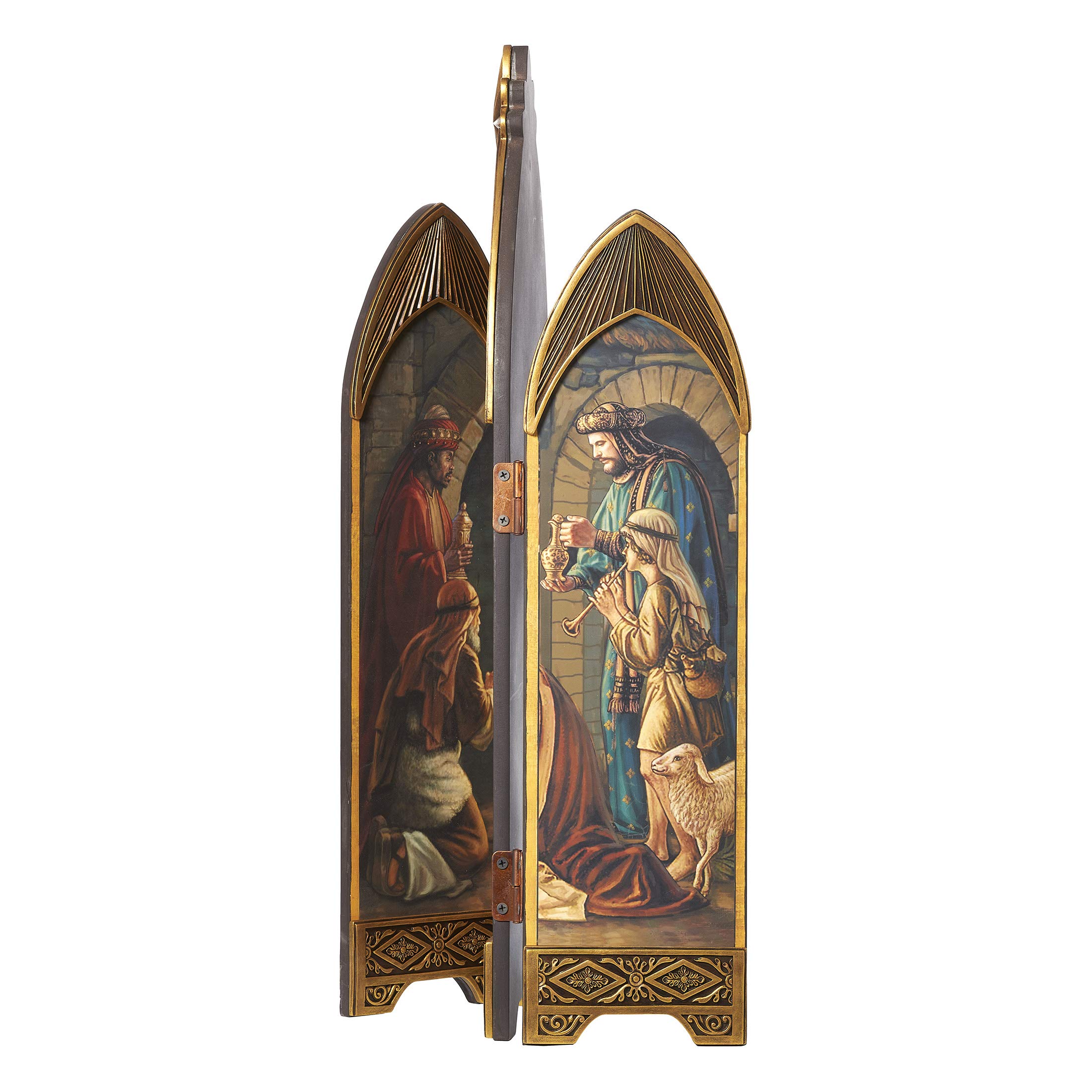 Joseph's Studio by Roman - Faux Oil Paint Nativity Triptych, Holy Family with Shepherds and Three Kings, Tri-Fold Religious Art with Gold Relief Applique Trim, 28