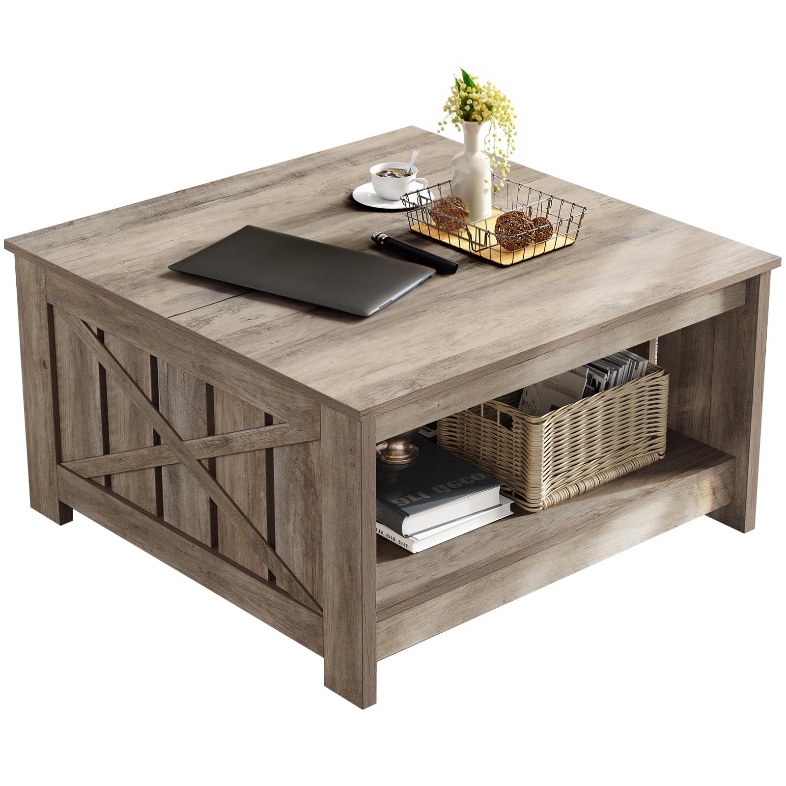 Farmhouse Square Coffee Table with 2-Tier Storage - Rustic Grey Wood Center Table for Living Room | Half Open Storage Compartment | Perfect for Small Spaces, Home Decor & Cozy Gatherings