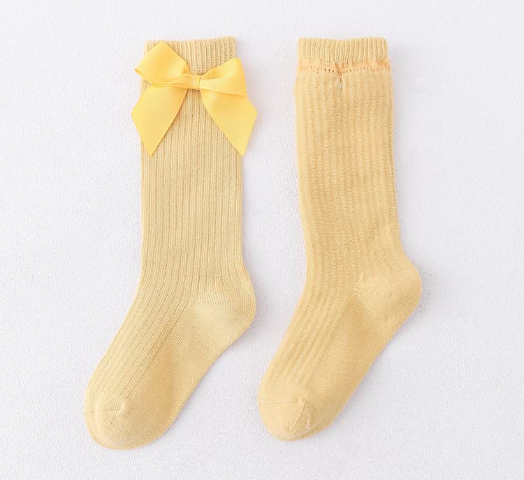 Little Girls' Knee High Socks with Bow Stitching - 6 Pack Cotton Dress & Casual Long Stockings for School, Party, and Everyday Wear (6 Colors)