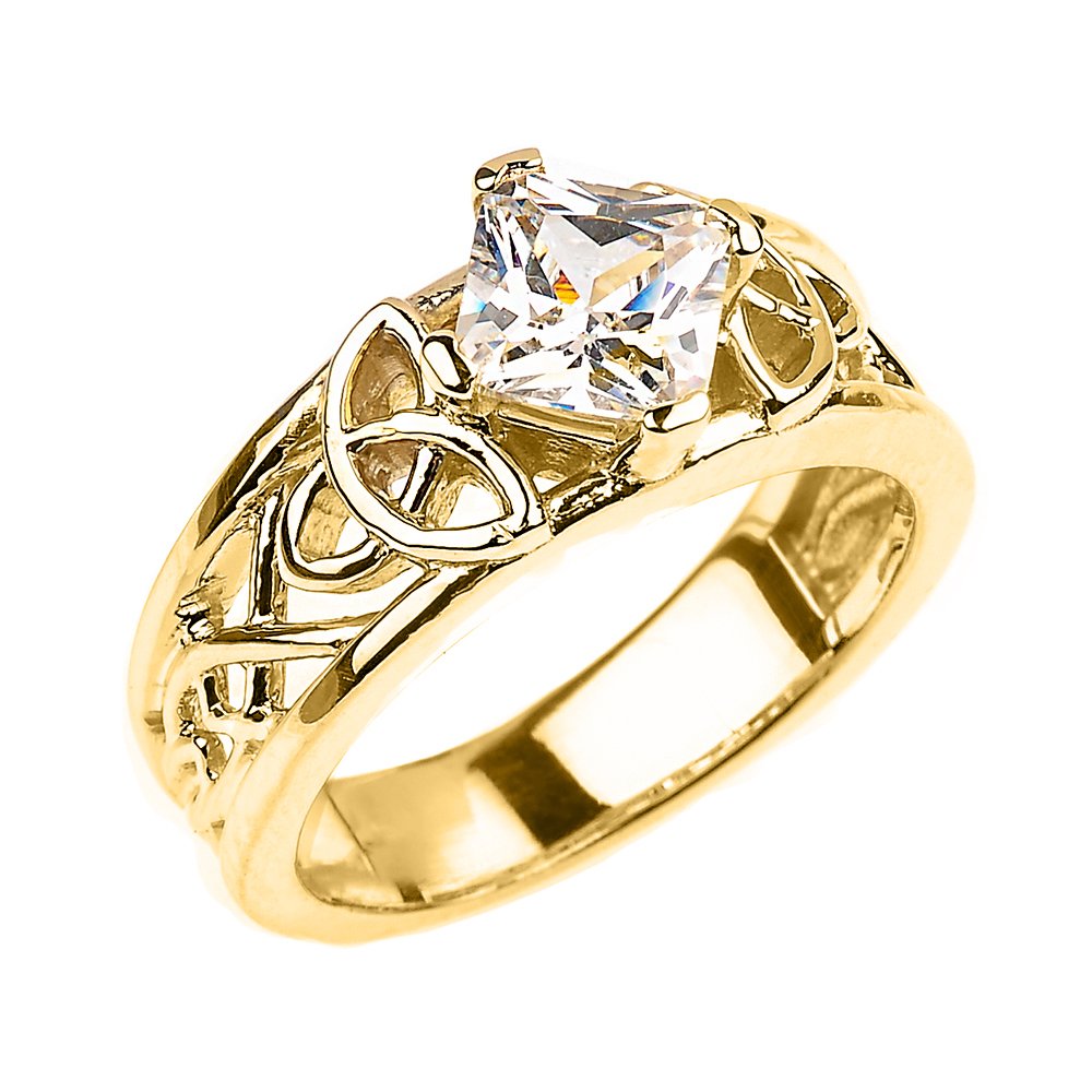10K Yellow Gold CZ Engagement Ring with Celtic Knot Design - Princess Cut, Size 9.75 - Perfect for Weddings, Anniversaries & Romantic Gifts