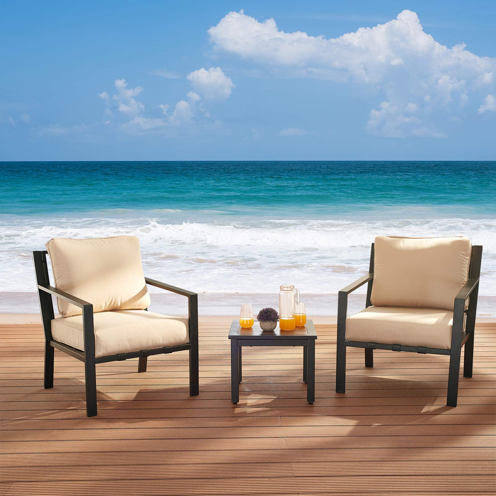 3-Piece Outdoor Bistro Set with Armrest Sofa Chairs & Metal Coffee Table - Patio Garden Furniture with Beige Cushions for Backyard, Poolside & Terrace Relaxation