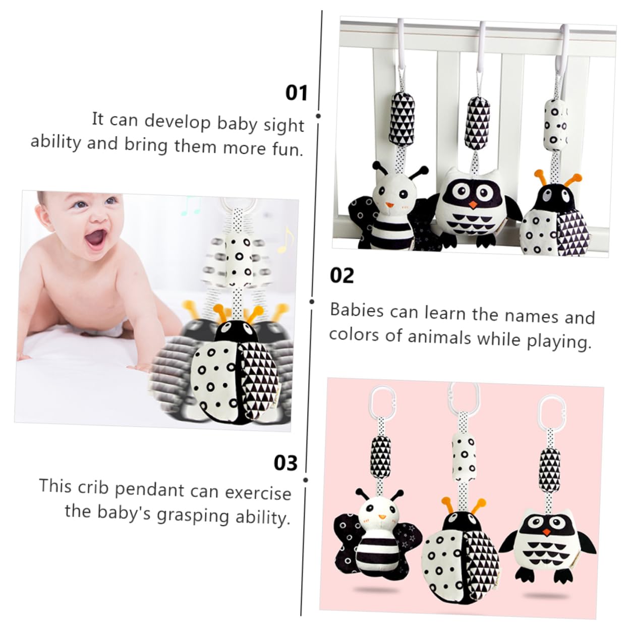 WHAMVOX Black and White Animal Wind Chimes - High Contrast Newborn Sensory Toys for Strollers, Cribs & Playtime | Soft Plush Baby Developmental Toy for Visual Stimulation