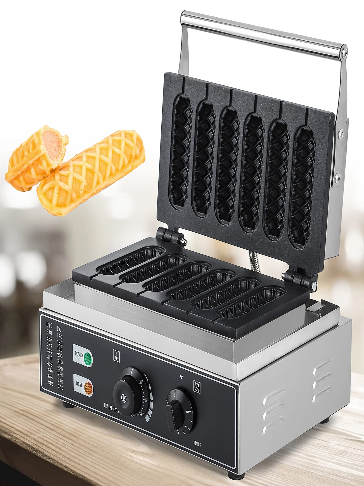CGOLDENWALL Commercial & Home Corn Dog Waffle Maker Machine - 1550W Electric Waffle Stick Maker with 6 Non-Stick French Muffin Irons, Stainless Steel, 50-300℃ Temperature Control (110V) - Perfect for Parties, Breakfast, Snacks & Food Trucks