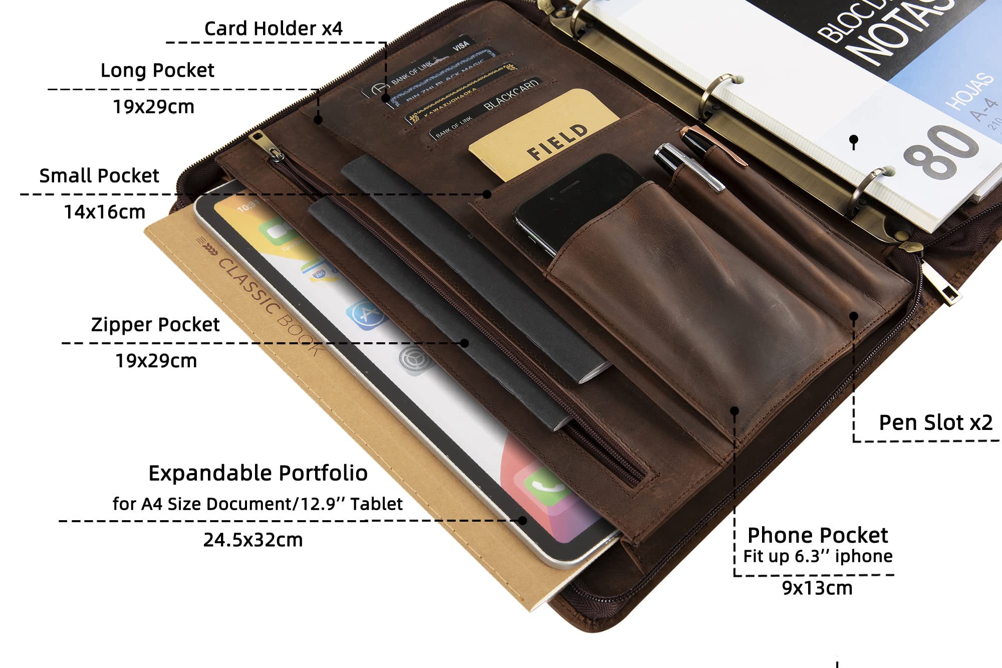 Premium Leather Portfolio Binder - 3 Ring Organizer with Zipper for iPad & Laptop | Professional Padfolio for Men | Business Document Holder | Perfect for Office, Meetings & Job Interviews (Dark Khaki)