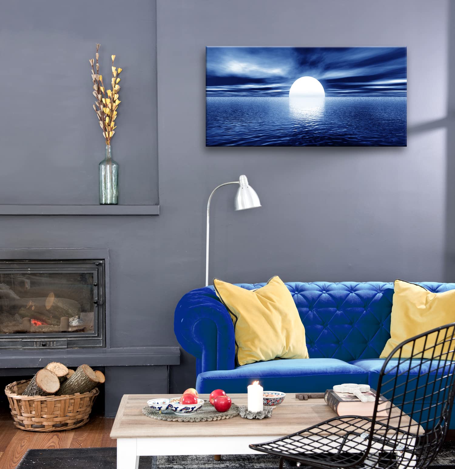 Blue Ocean Moon Landscape Canvas Wall Art Print - Framed Ready to Hang Bedroom Decor, Living Room, Bathroom & Office Wall Decor | Coastal Themed Home Decoration for Beach House & Seaside Style Interiors