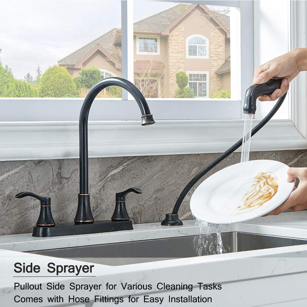 Commercial Lead-Free Oil Rubbed Bronze Kitchen Faucet - 3 or 4 Hole 2 Handle Design with High-Arc Spout & Side Sprayer for RV Sinks | Durable for Restaurants, Home Kitchens & Outdoor Use
