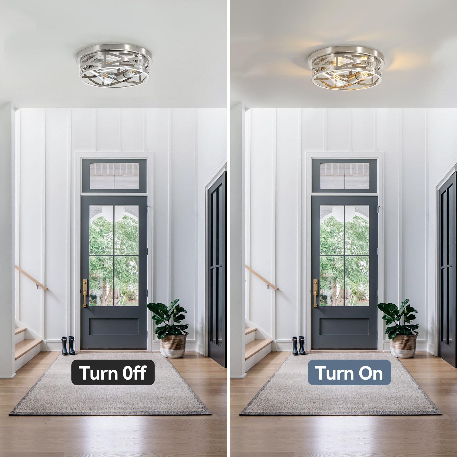 3-Light Brushed Nickel Flush Mount Ceiling Fixture - 13 Inch Modern Metal Cage Cross Ceiling Light for Kitchen, Bedroom, Bathroom, Laundry, Hallway & Office - Dimmable Indoor Lighting for Home & Commercial Spaces