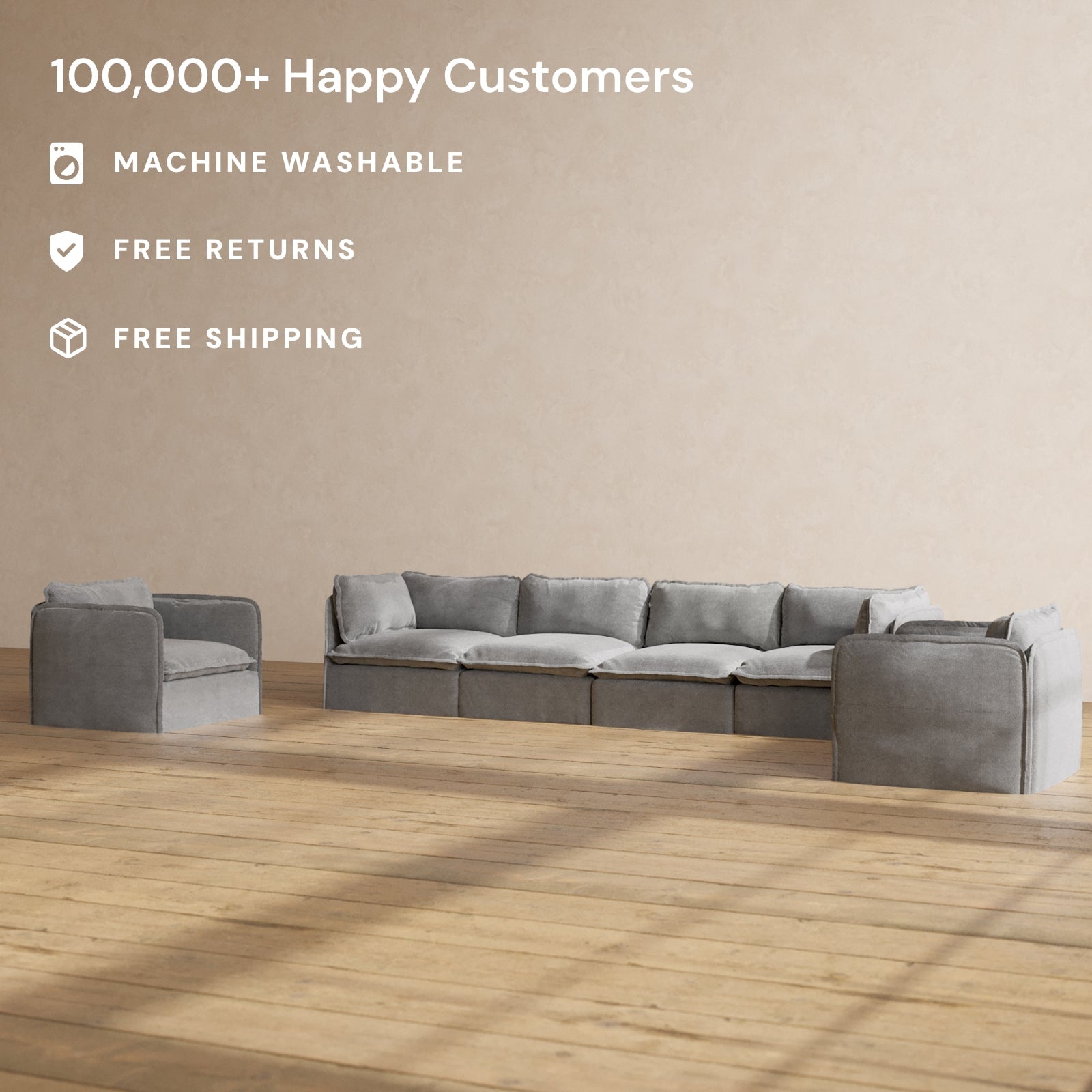 Modular Performance 4-Seater Sofa with Armchair Set in Ash Wood - Modern Living Room Furniture for Comfortable Lounge & Family Gatherings