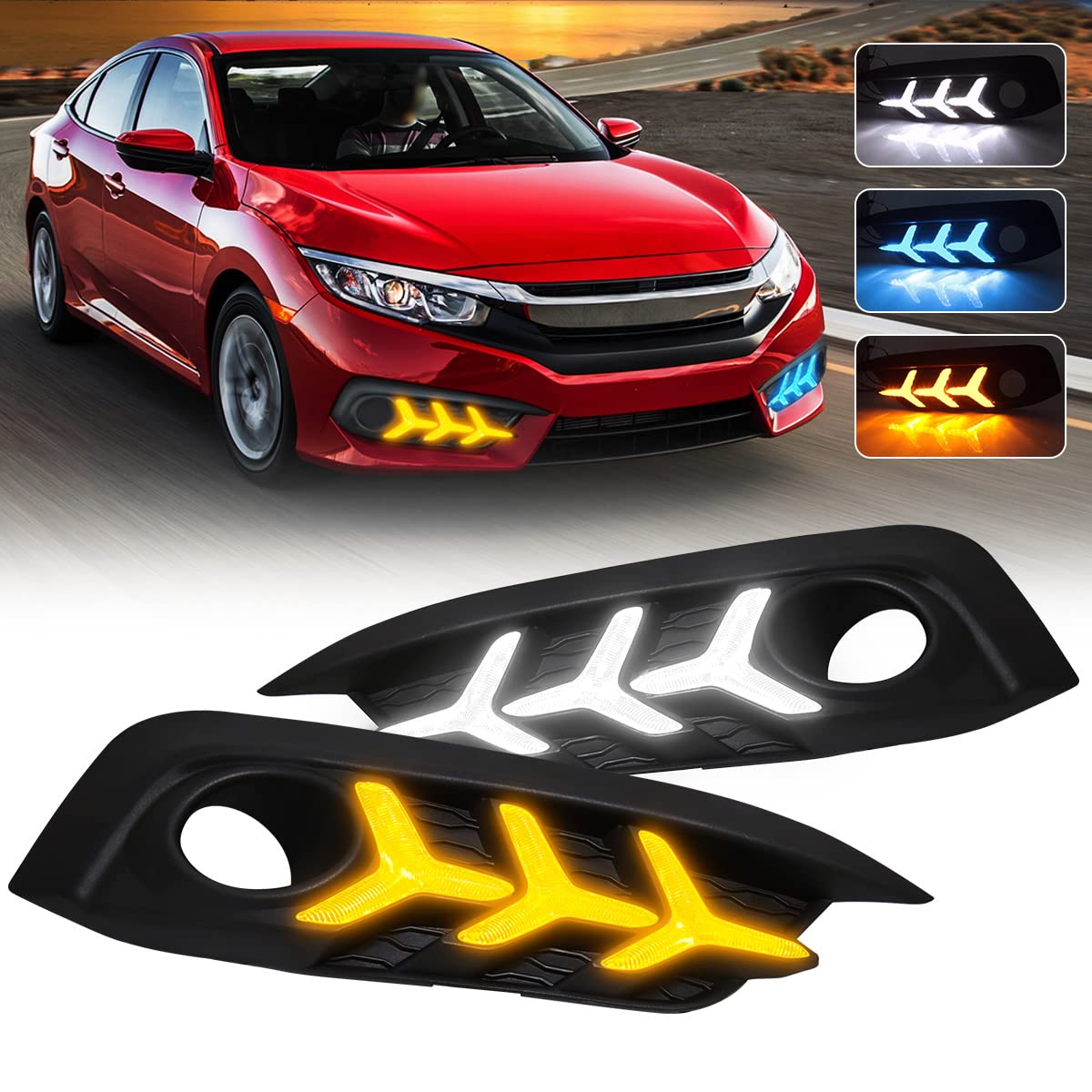 2016-2018 Honda Civic 10th Gen Sedan LED Daytime Running Lights with Amber Turn Signal - 3 Color DRL Fog Lights (Fish Bone Style) | Upgrade Your Ride for Enhanced Visibility & Style | Perfect for Night Driving & Custom Car Mods