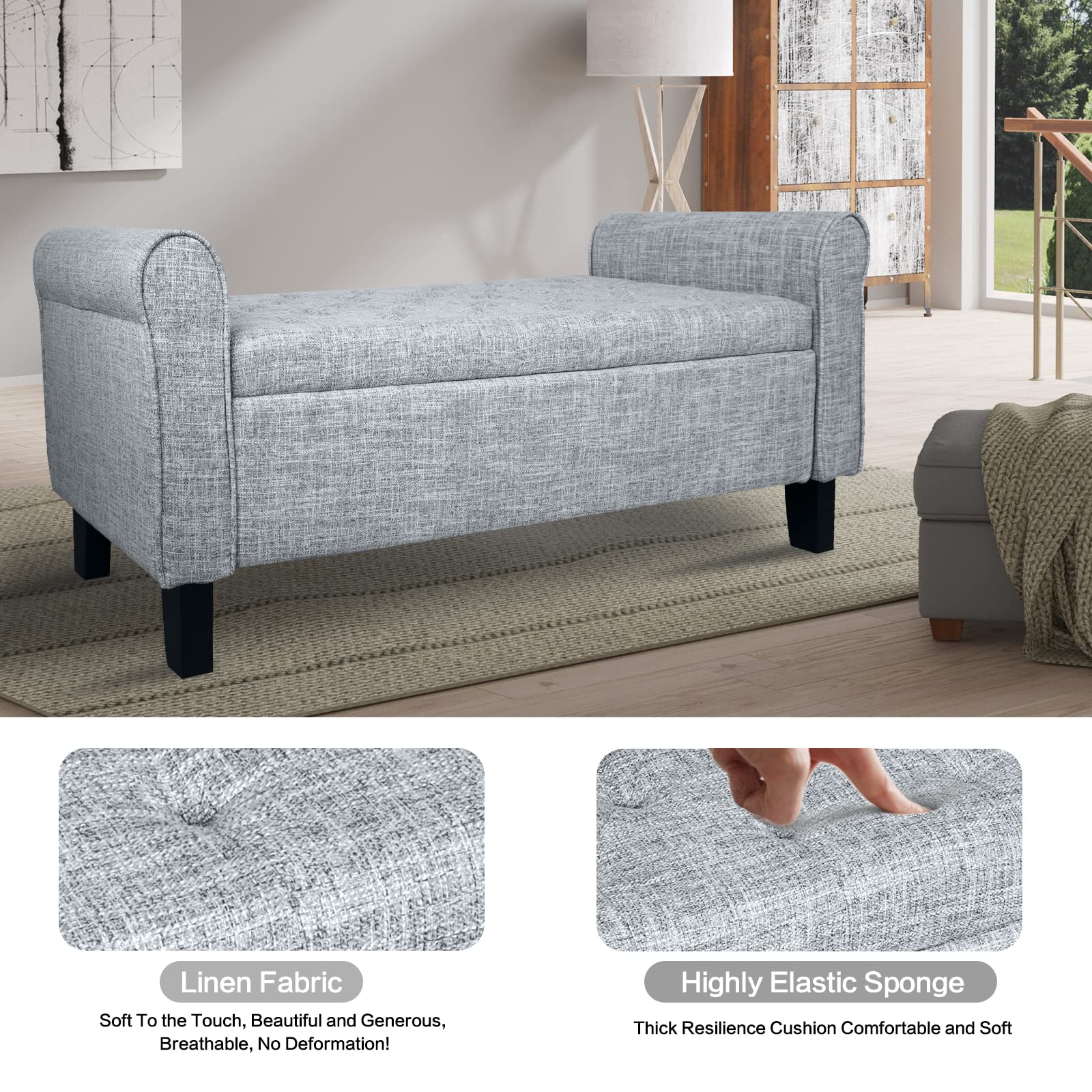 Dark Grey Storage Ottoman Bench with Arms - Button Tufted Footrest & Large Storage Seat for Bedroom, Living Room, Entryway, Hallway - Perfect as End of Bed Bench, Living Room Storage & Cozy Footrest