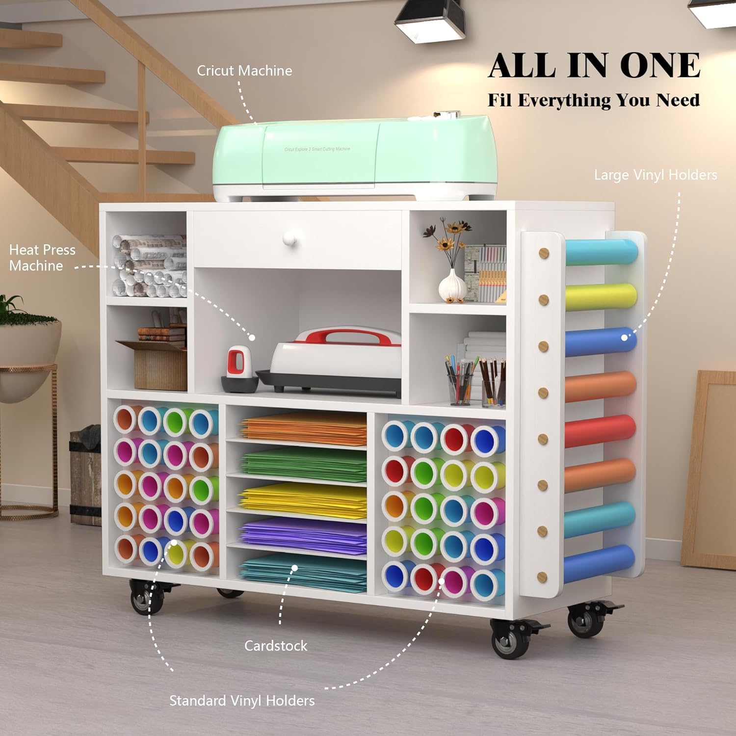 Cricut Compatible Rolling Craft Organizer Cart with Large Drawer & 48 Vinyl Roll Holder - Craft Storage Cabinet, Craft Room Workstation for Scrapbooking, DIY Projects, Home Office Organization