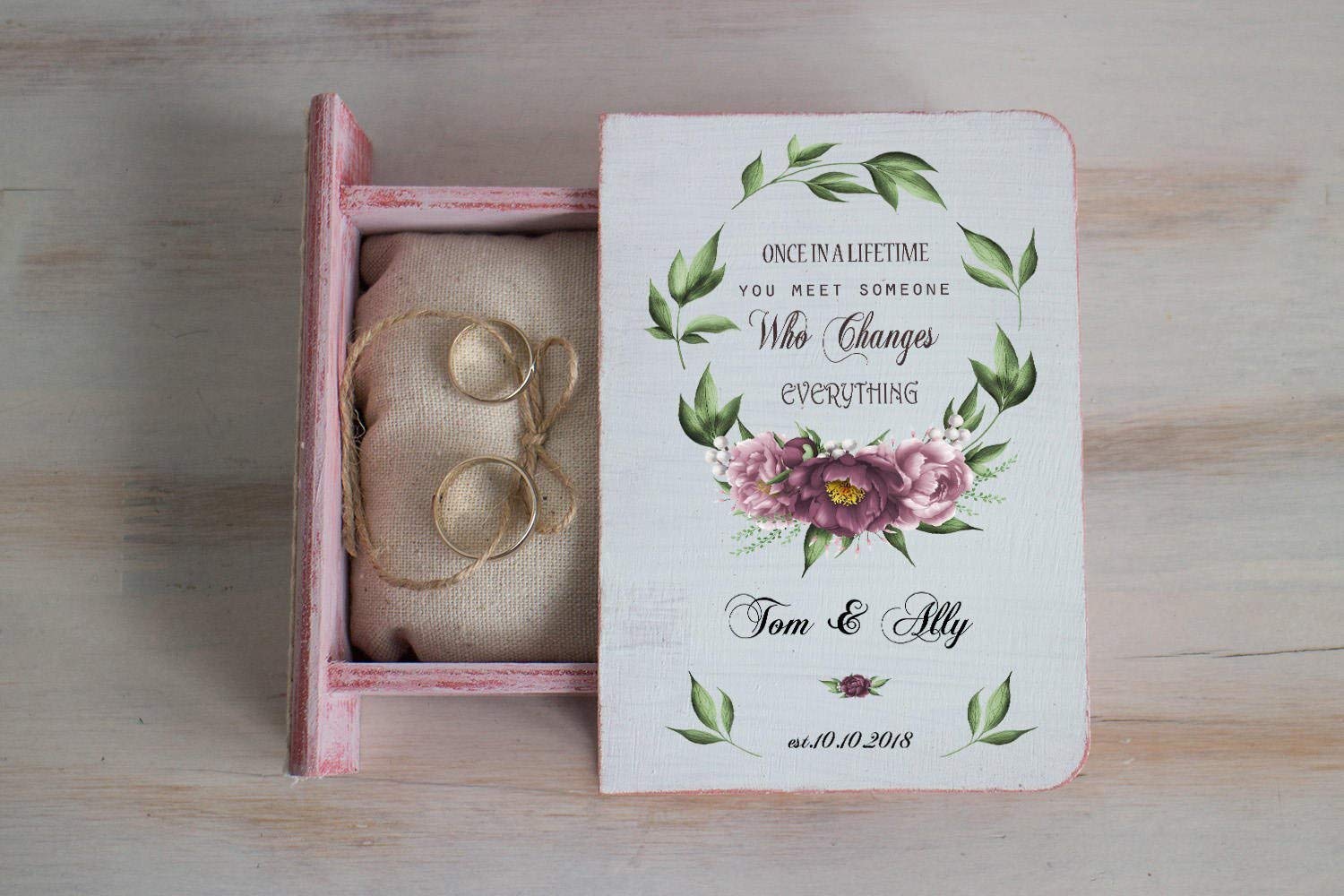 Personalized Wedding Ring Box - Floral Wreath Rose Engagement Ring Holder for Spring Weddings, Bridal Showers & Proposal Gifts | Elegant Pink Gift Box for Jewelry Storage & Ceremonial Keepsakes