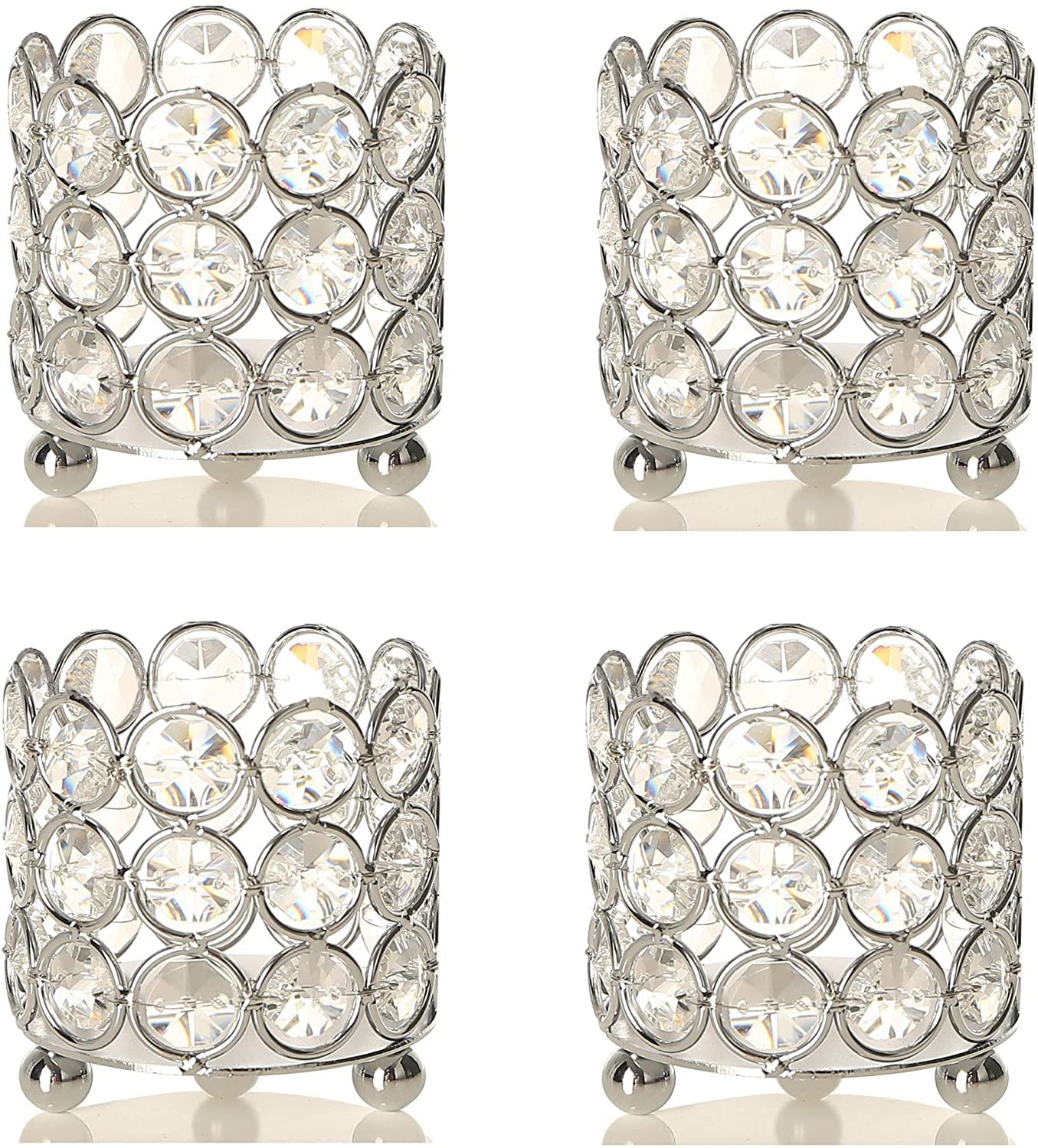 Set of 4 Silver Crystal Tealight Candle Holders - Elegant Wedding Table Centerpieces, Home Decor for Living Room, Dining Room & Housewarming Gifts - Perfect for Romantic Dinners, Holiday Decorations & Special Occasions
