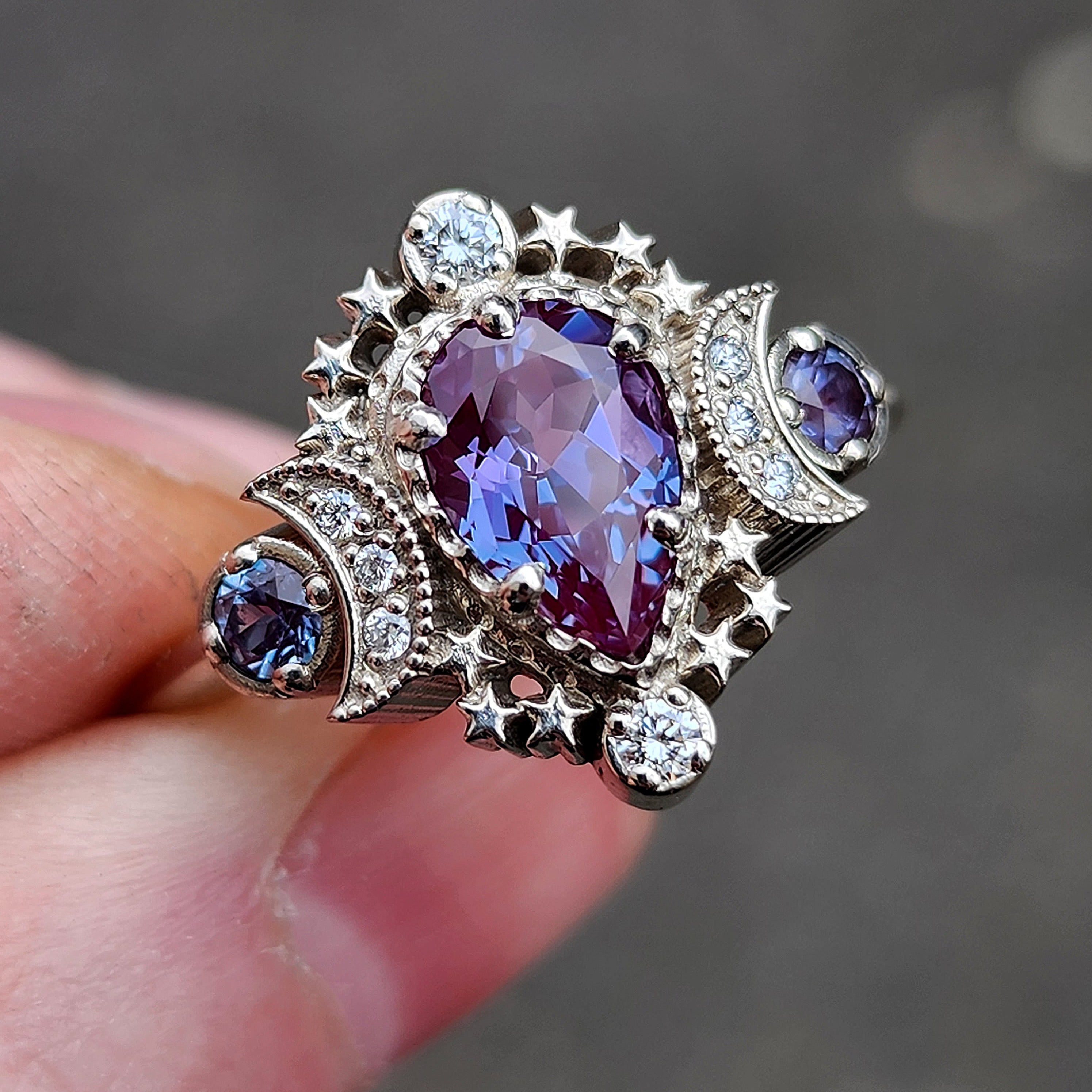 Pear Cosmos Moon Ring with Chatham Alexandrite & Diamonds - Star Engagement Ring for Women, Wedding, Anniversary & Proposal - Unique Celestial Jewelry Gift for Her
