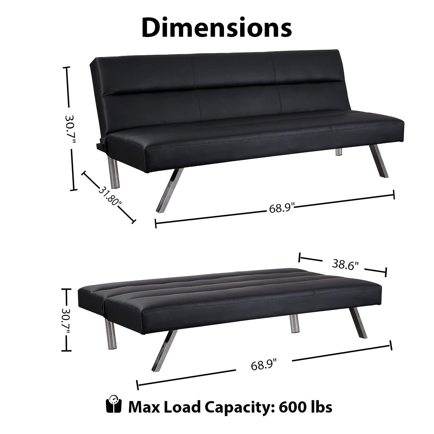 Naomi Home Black Faux Leather Futon Sofa Bed - 3-Position Reclining Convertible Couch with 500 lbs Weight Capacity (66