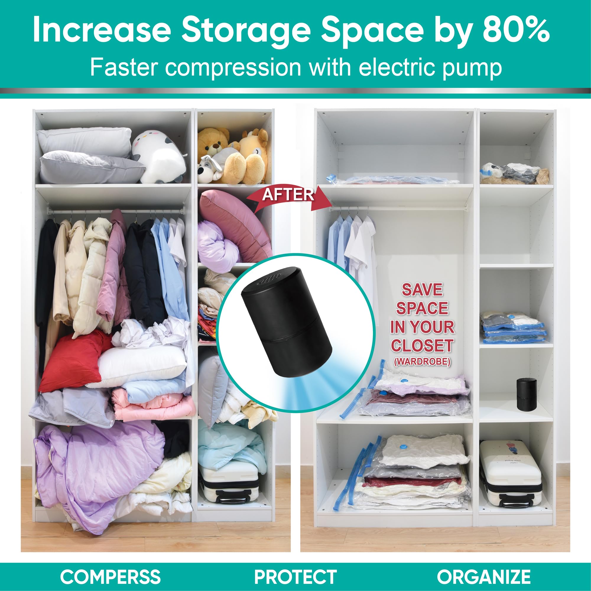 Electric Vacuum Storage Bags 14-Pack (3 Jumbo/3 Large/4 Medium/4 Small) - Space Saving Vacuum Sealed Bags for Clothes, Comforters, Blankets & Bedding | Includes Electric Pump for Easy Home Organization & Travel Storage