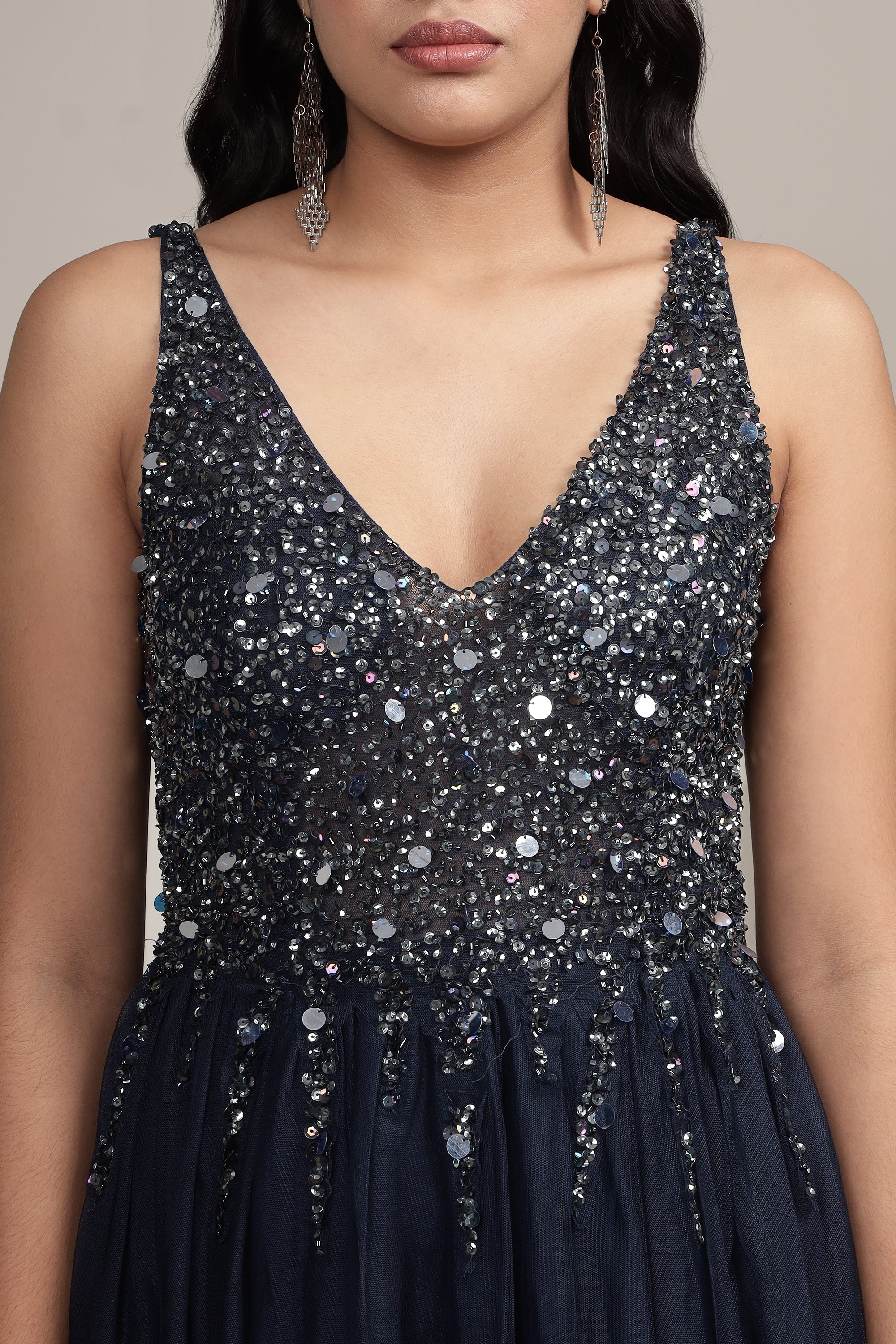 Elegant Dark Blue Embellished Mini Dress for Women - Perfect for Cocktail Parties, Date Nights & Special Occasions