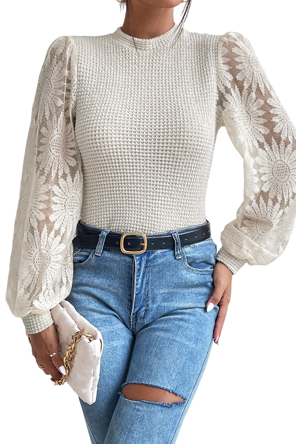 2023 Women's Beige Sunflower Mesh Bubble Sleeve Waffle Knit Pullover Sweater | Casual Chic Tops for Spring/Summer | Perfect for Date Night, Brunch & Weekend Outings