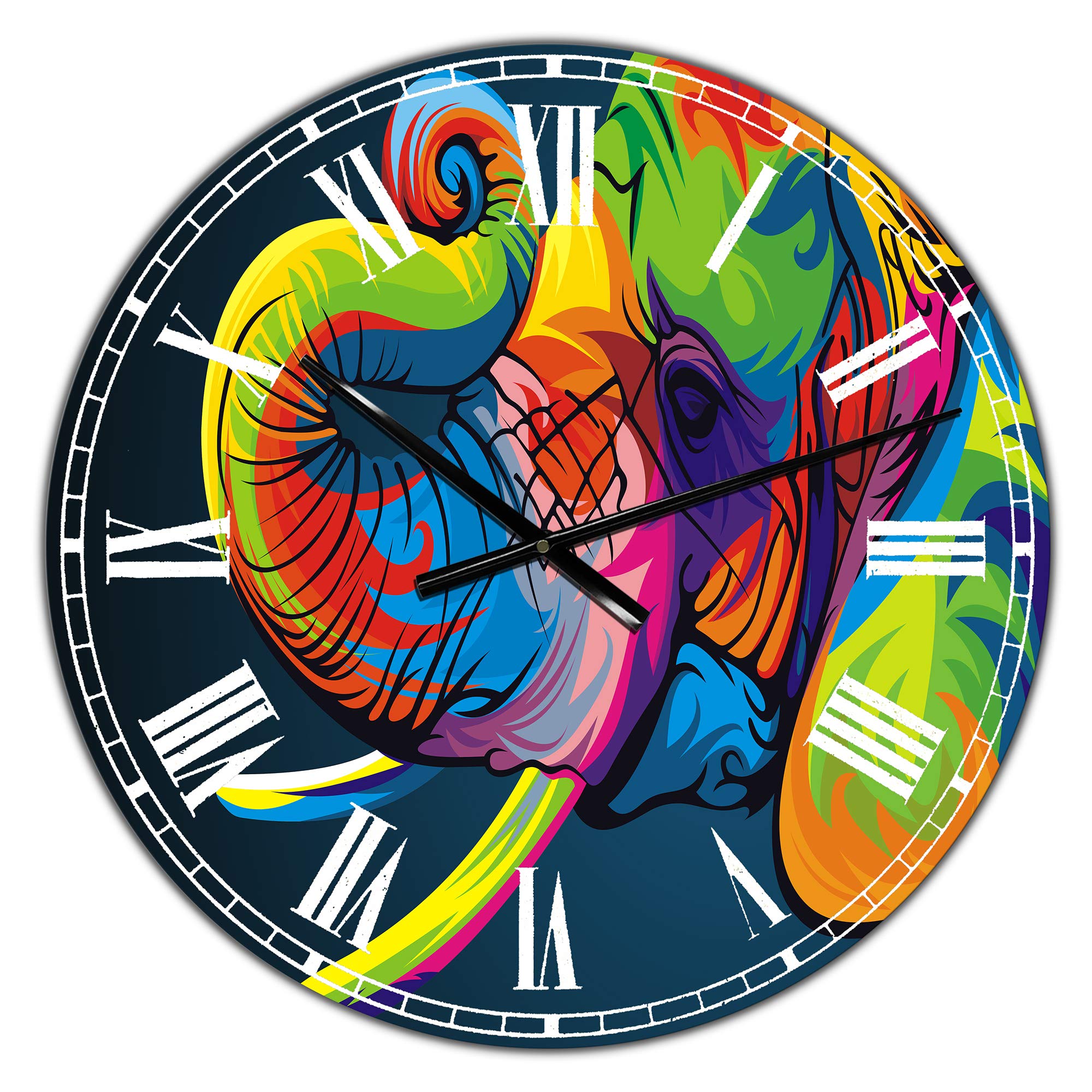 Designart Happy Rainbow Elephant Wall Art - Modern Round Metal Wall Clock for Home, Living Room, Bedroom & Office Decor | Contemporary Circle Wall Decoration | Perfect Gift for Housewarming, Birthday & Nursery