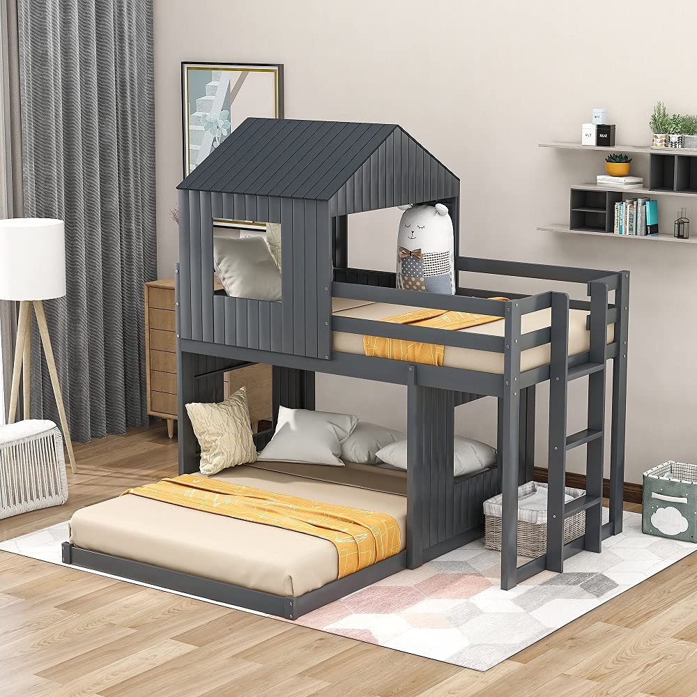 Twin Over Full Bunk Bed with Playhouse - Solid Wood Loft Bed for Kids with Ladder & Safety Guardrails - Space-Saving Farmhouse Design for Boys & Girls Bedroom (Gray) - Perfect for Small Rooms, Shared Kids' Spaces & Sleepovers