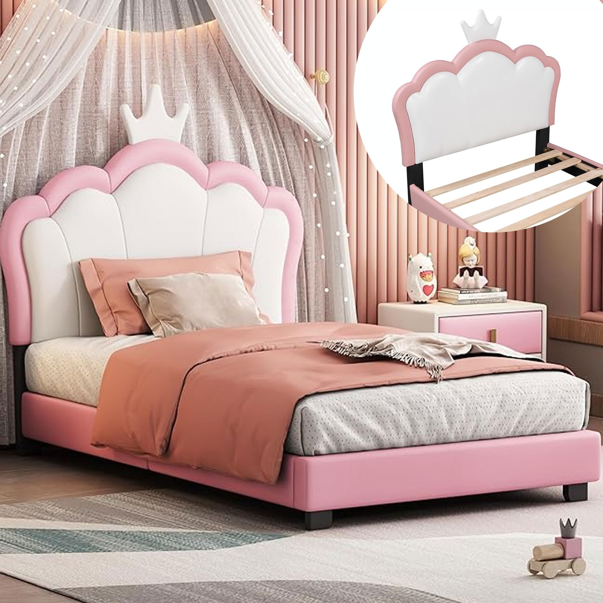 Twin Size Upholstered Princess Bed with Crown Headboard - Pink Bed Frame for Girls | Perfect for Kids' Bedroom, Princess-Themed Decor & Sleepovers