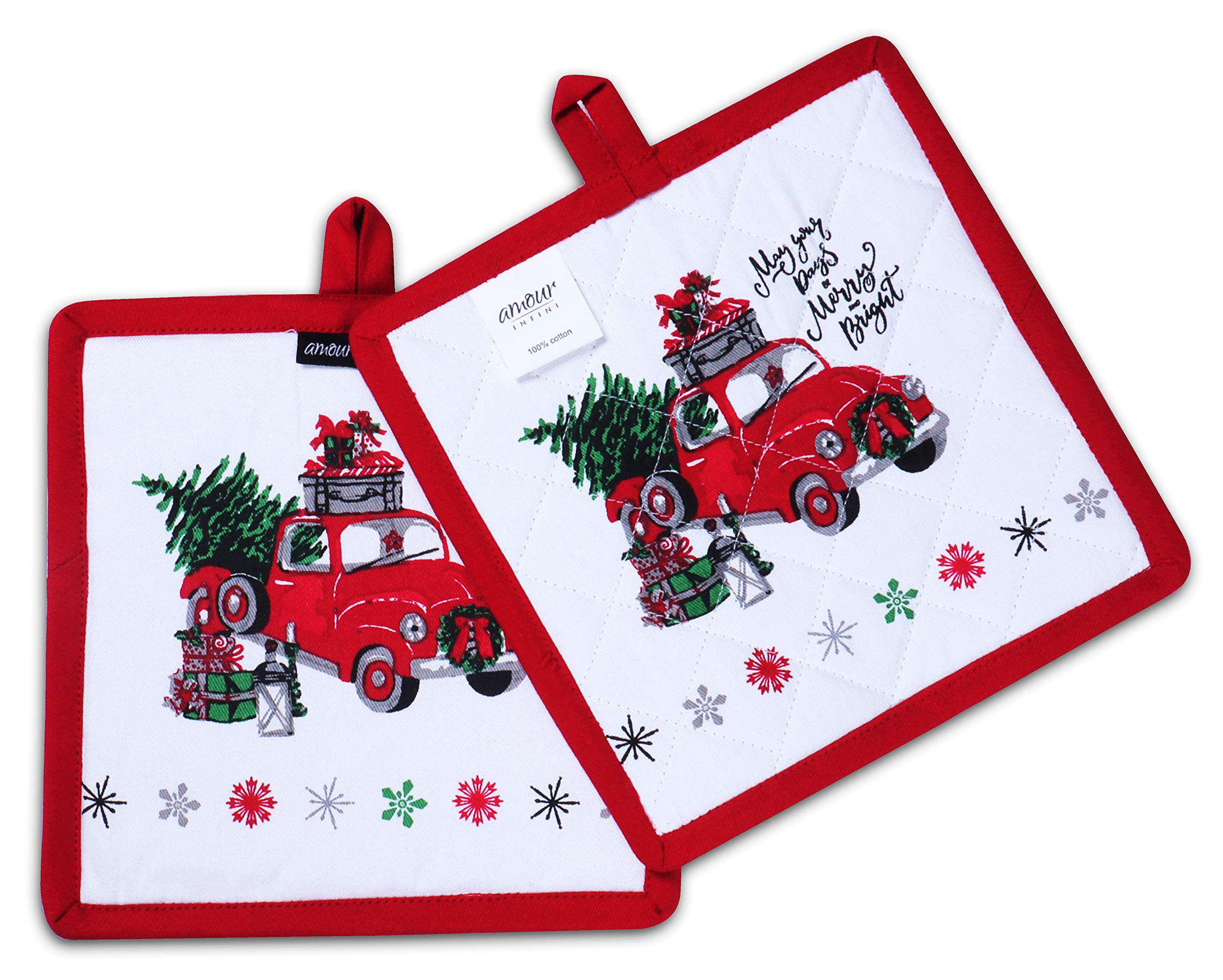 AMOUR INFINI 5-Piece Heat Resistant Kitchen Set - Cotton Pot Holders, Oven Mitt & Kitchen Towel for Cooking, Baking & Grilling | Christmas Gift for Home Chefs & Holiday Hosting
