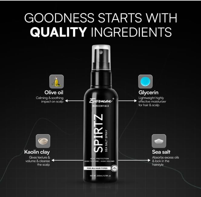 Everman Spirtz Sea Salt Spray for Men - Natural Volumizing & Heat Protectant Hair Styling Spray | Alcohol-Free Texturizer with Strong Hold | 200ml for Thick, Wavy & Curly Hair | Beach Waves & Everyday Styling for Men