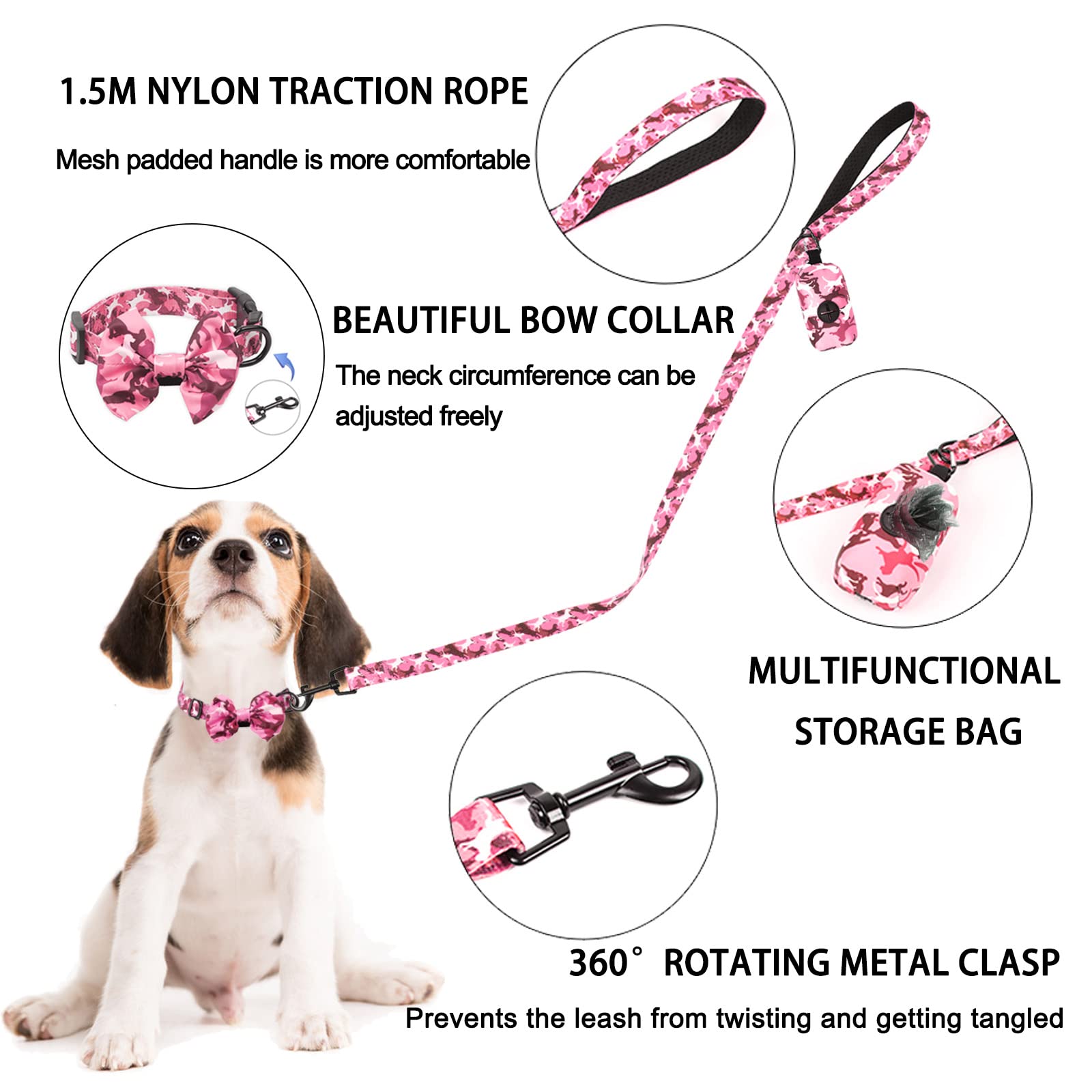 **Adjustable Reflective No-Pull Dog Harness & Leash Set for Small Dogs & Puppies - Pink Camouflage Vest with Bow-Tie Collar & Poop Bags (Size S) - Perfect for Walking, Training & Outdoor Adventures**