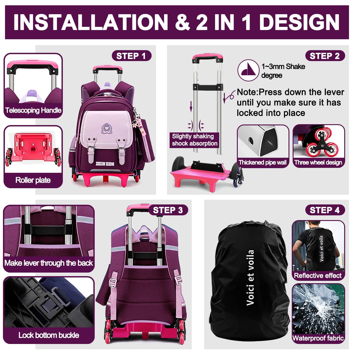**Girls Rolling Backpack with Wheels - XL Purple School Backpack for Kids, Durable Trolley Luggage for Boys & Girls, Perfect for Travel, School & Daily Use**